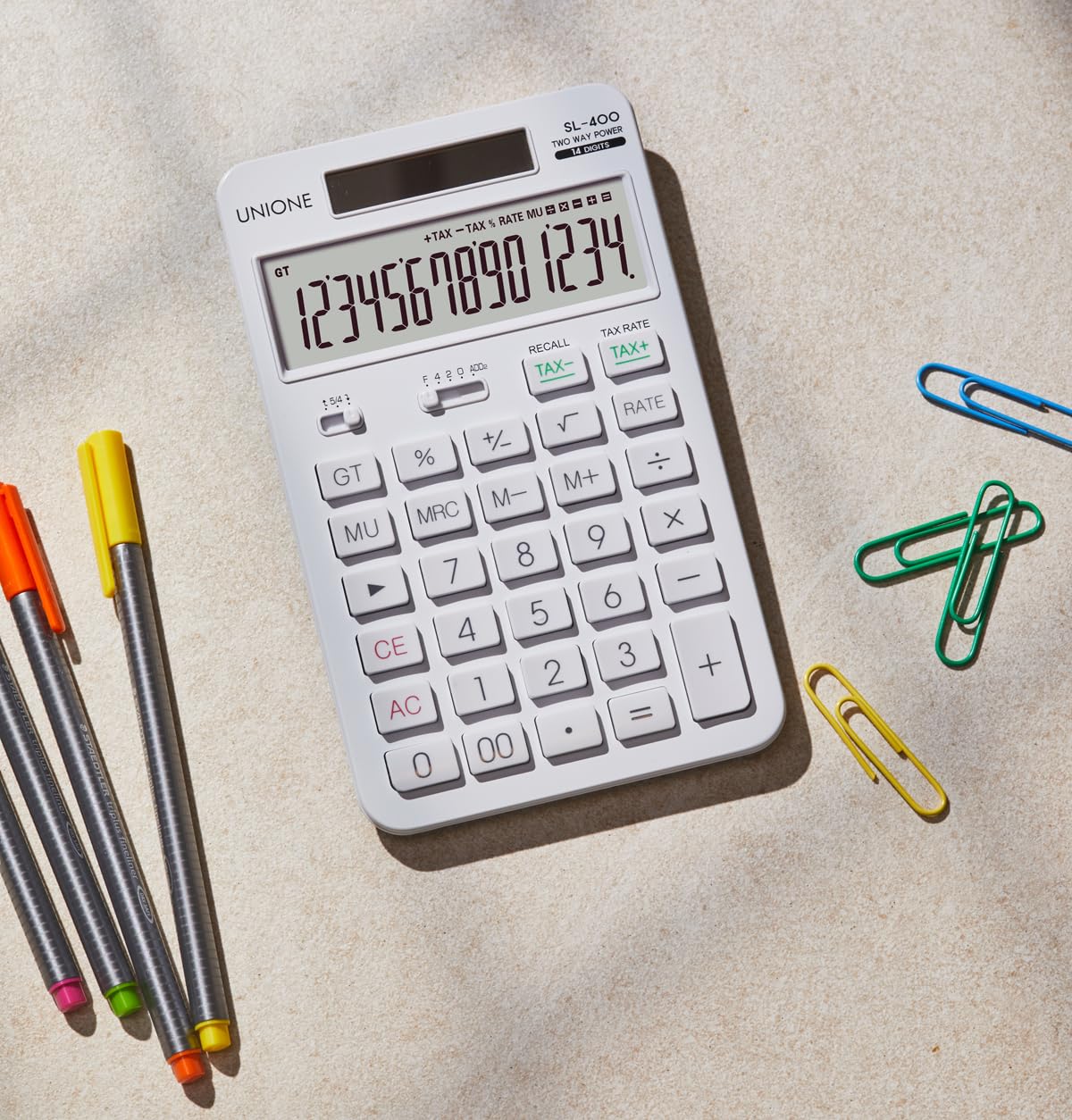 Calculadora UNIONE blanca de 14 Dígitos con Pantalla LCD Brillante para Negocios, Oficina y Escuela Secundaria