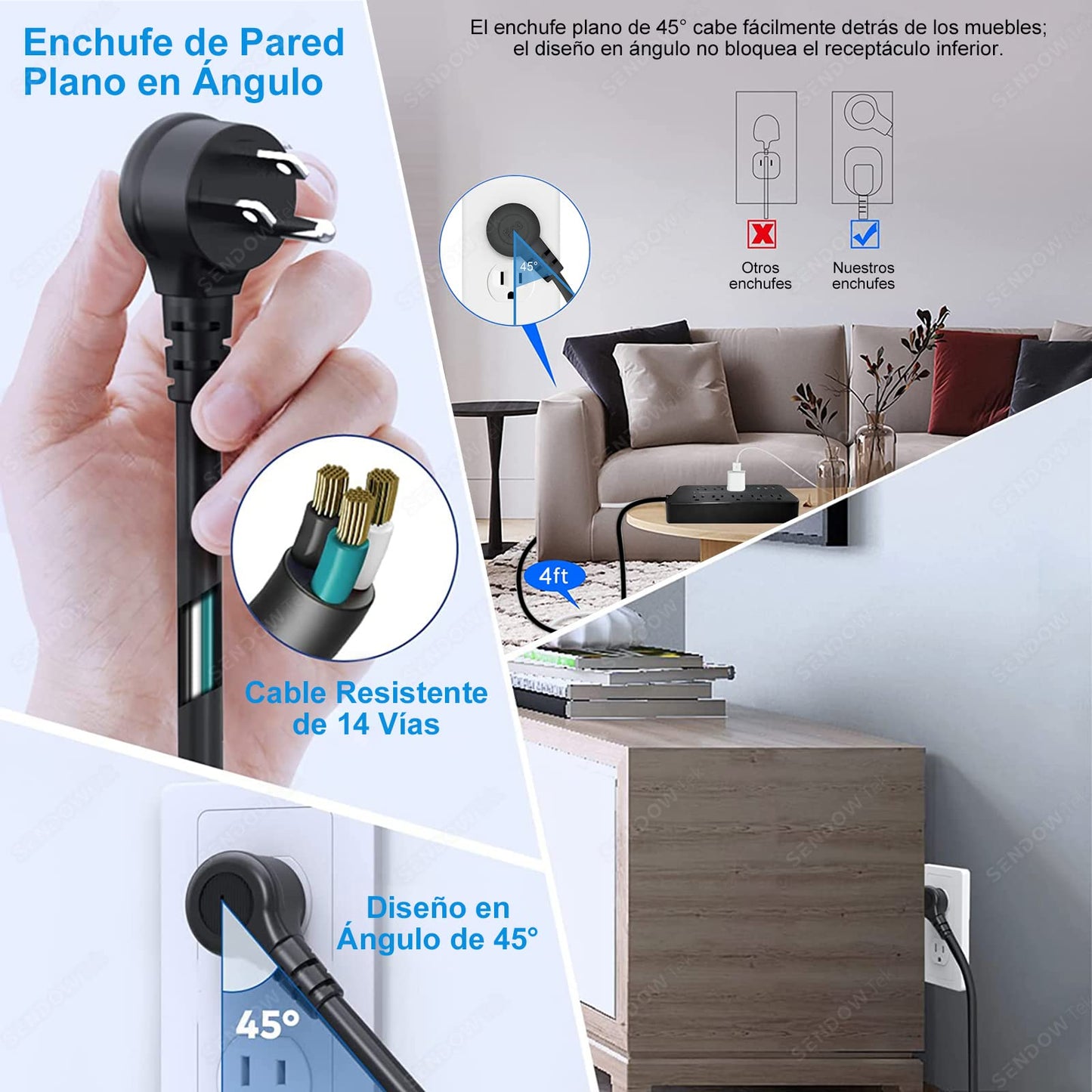 Sendowtek Multicontacto USB Regleta de Alimentación Regleta Enchufes USB con Cable de Extensión de 4Ft/1.2M Conector Multiple con 8 Tomas, 3 Puertos USB A y 1 Puerto Tipo-C, para Hogar y Oficina