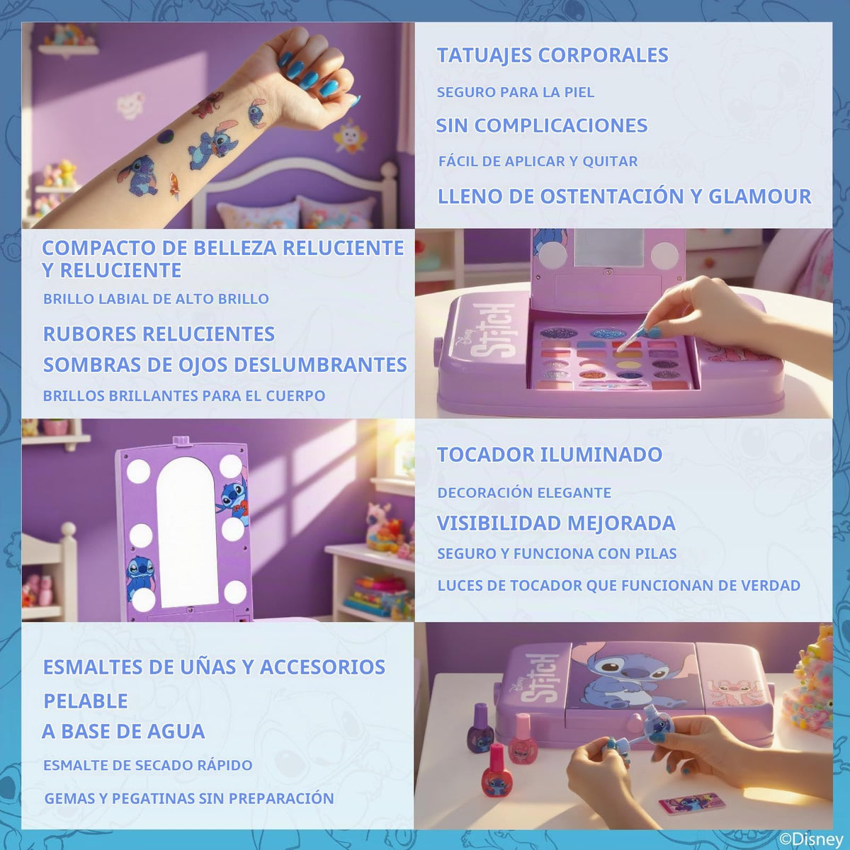 Stitch Set de Maquillaje con Espejo Luminoso Gloss y Esmalte