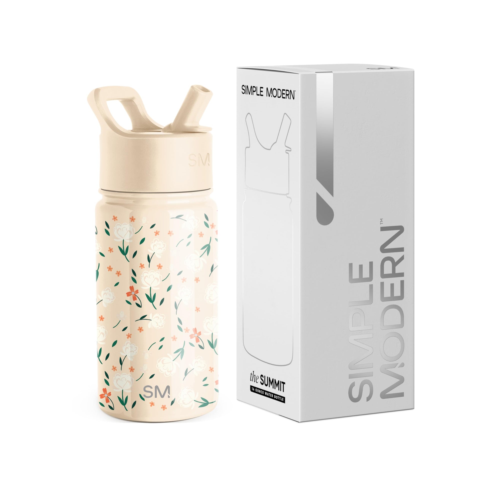 Botella de Agua Simple Modern Chloe Floral Acero Inoxidable Aislada con Pajita para Niños y Niñas