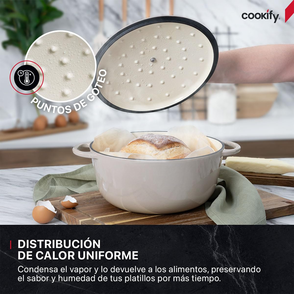 Cookify Olla de Hierro Fundido Esmaltado para Horno y Estufa, Horno Holandés Capacidad 4 Litros Dutch Oven (Taupe, 24.8 cm)