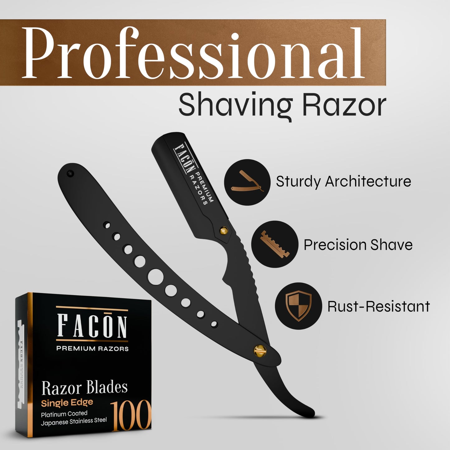100 BLADES + Facón Professional Classic Straight Edge Barber Razor - Salon Quality Cut Throat Shavette