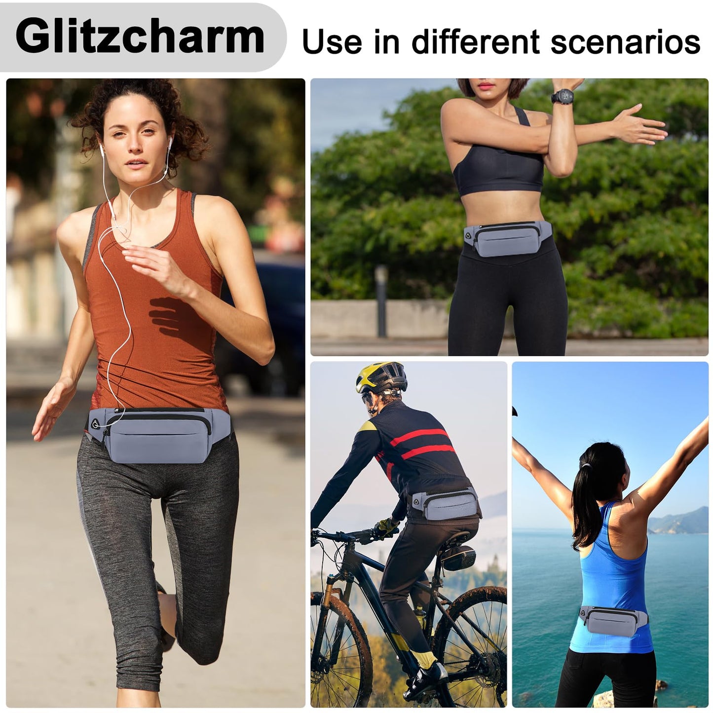 Cangurera para Correr Ultraligeros Riñonera Deportiva Ajustable Nailon Impermeable para Hombre y Mujer-Gris
