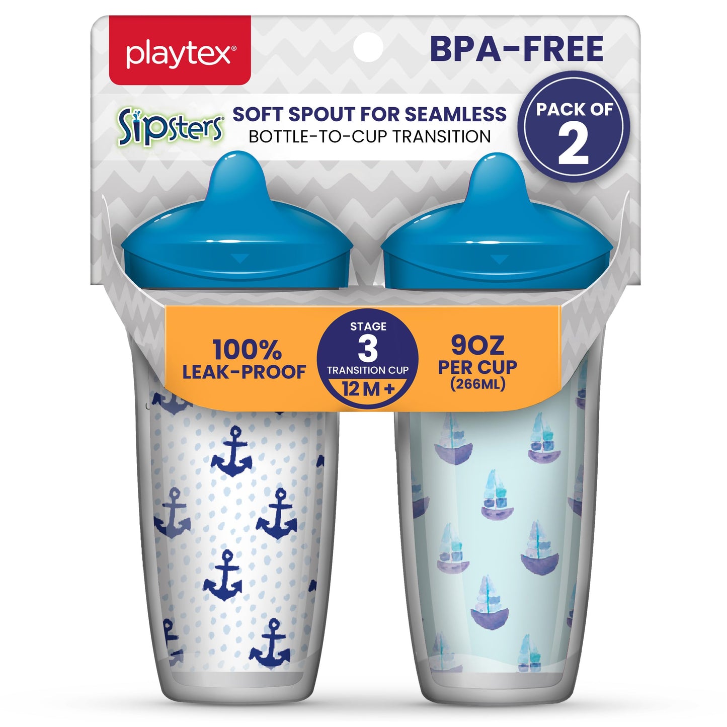 Playtex Baby Sipsters - Taza dura para beber para más de 12 meses, 266 ml (2 unidades), diseño de ancla azul y velero, botella de agua aislada para niños, tazas a prueba de derrames para niños