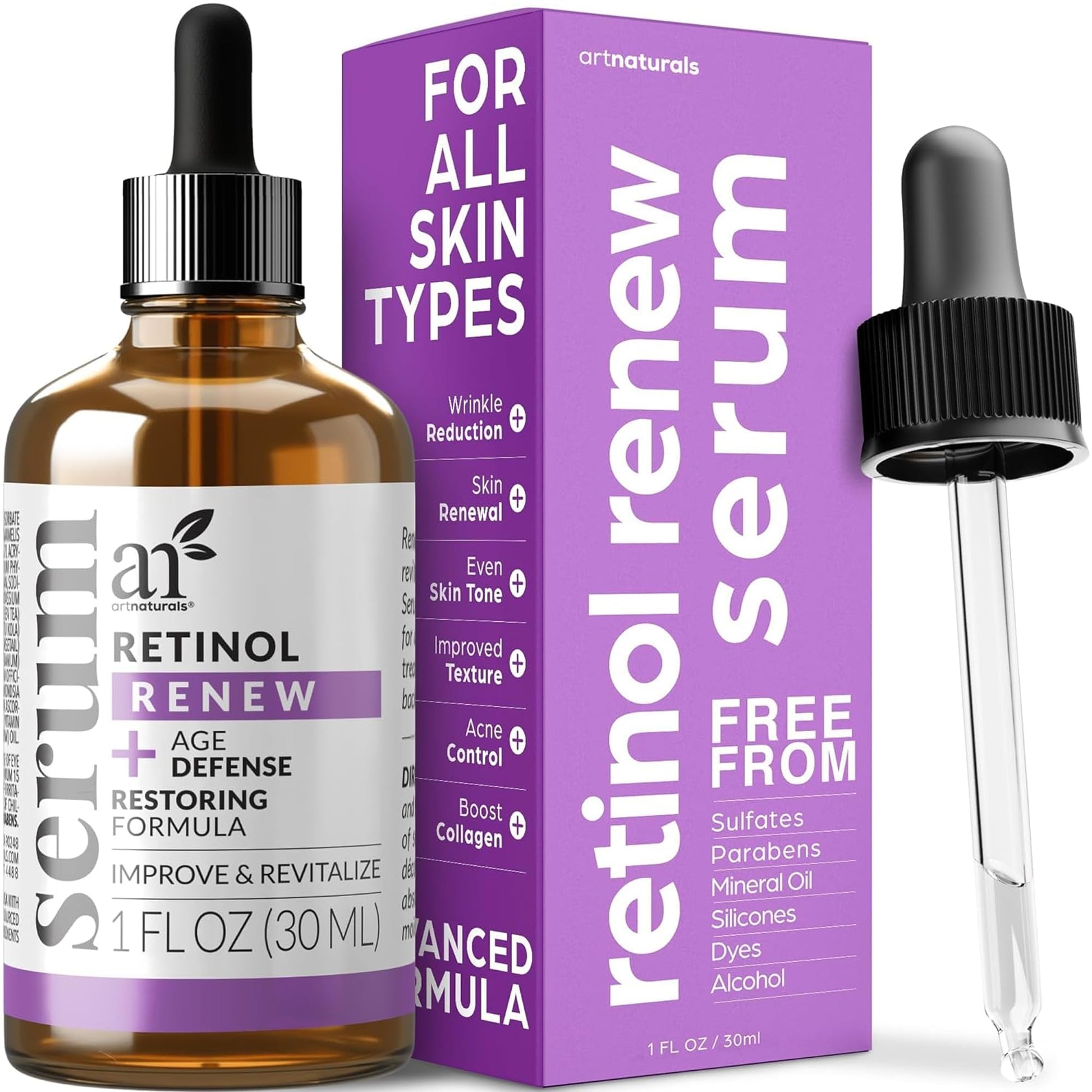 Art Naturals Suero de retinol mejorado 2,5% con 20% de vitamina C y ácido hialurónico 1 oz, el mejor suero antiarrugas y antienvejecimiento para rostro y piel sensible - Ingredientes orgánicos de fuerza clínica - Terapia nocturna de Art Naturals