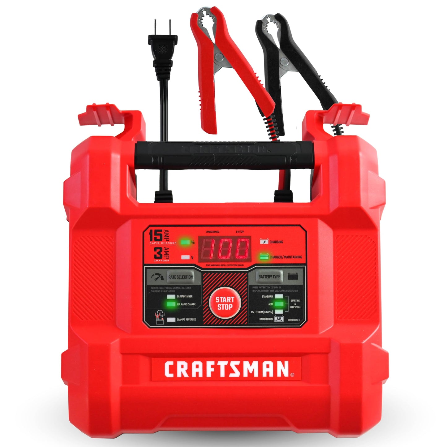 Craftsman Cargador y mantenedor de batería, CMXCESM162, 4 en 1, Completamente automático, probador de batería, 15 amperios, 6 voltios, 12 voltios, para automóviles, SUV, Camiones y baterías Marinas