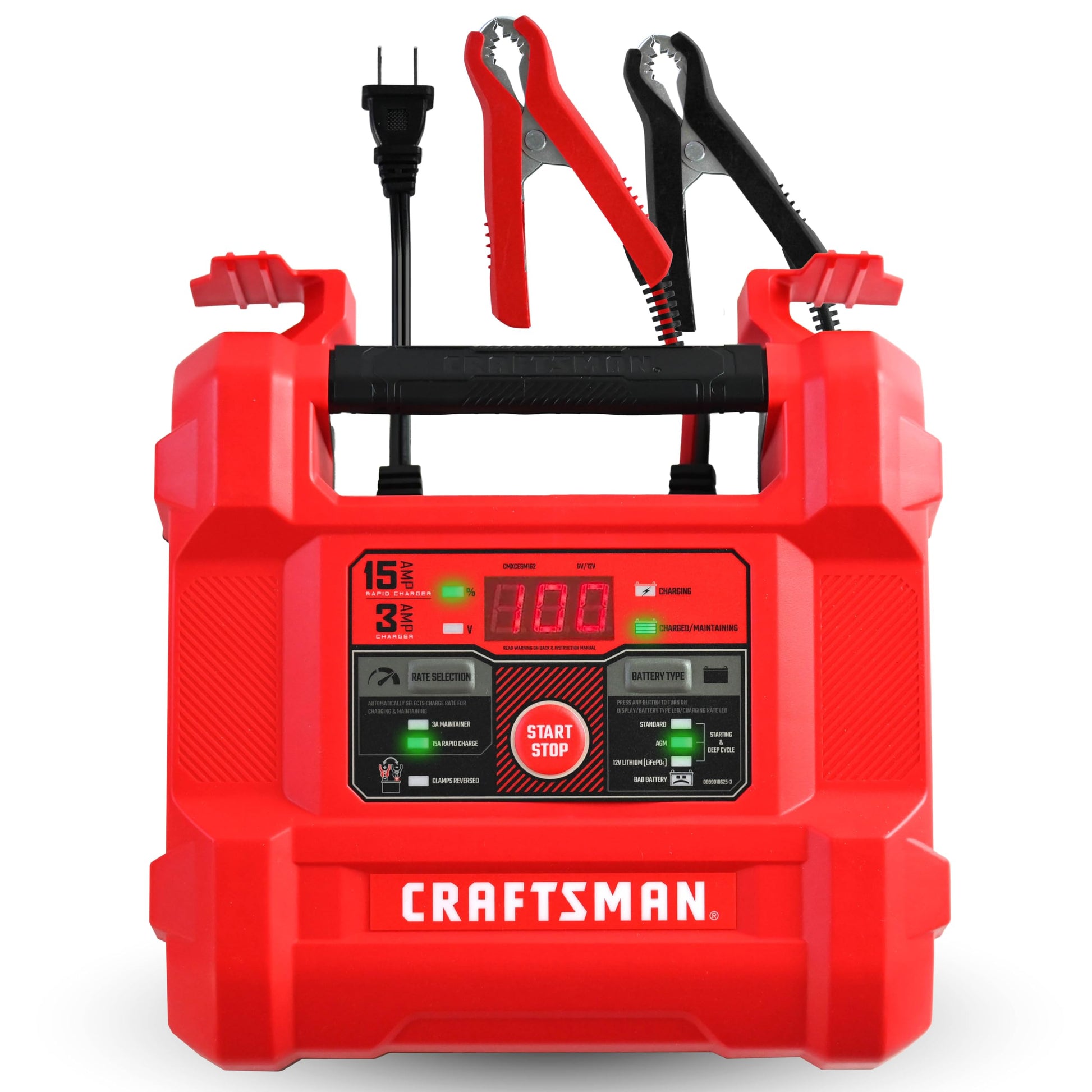 Craftsman Cargador y mantenedor de batería, CMXCESM162, 4 en 1, Completamente automático, probador de batería, 15 amperios, 6 voltios, 12 voltios, para automóviles, SUV, Camiones y baterías Marinas