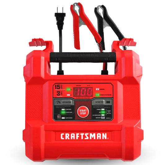 Craftsman Cargador y mantenedor de batería, CMXCESM162, 4 en 1, Completamente automático, probador de batería, 15 amperios, 6 voltios, 12 voltios, para automóviles, SUV, Camiones y baterías Marinas