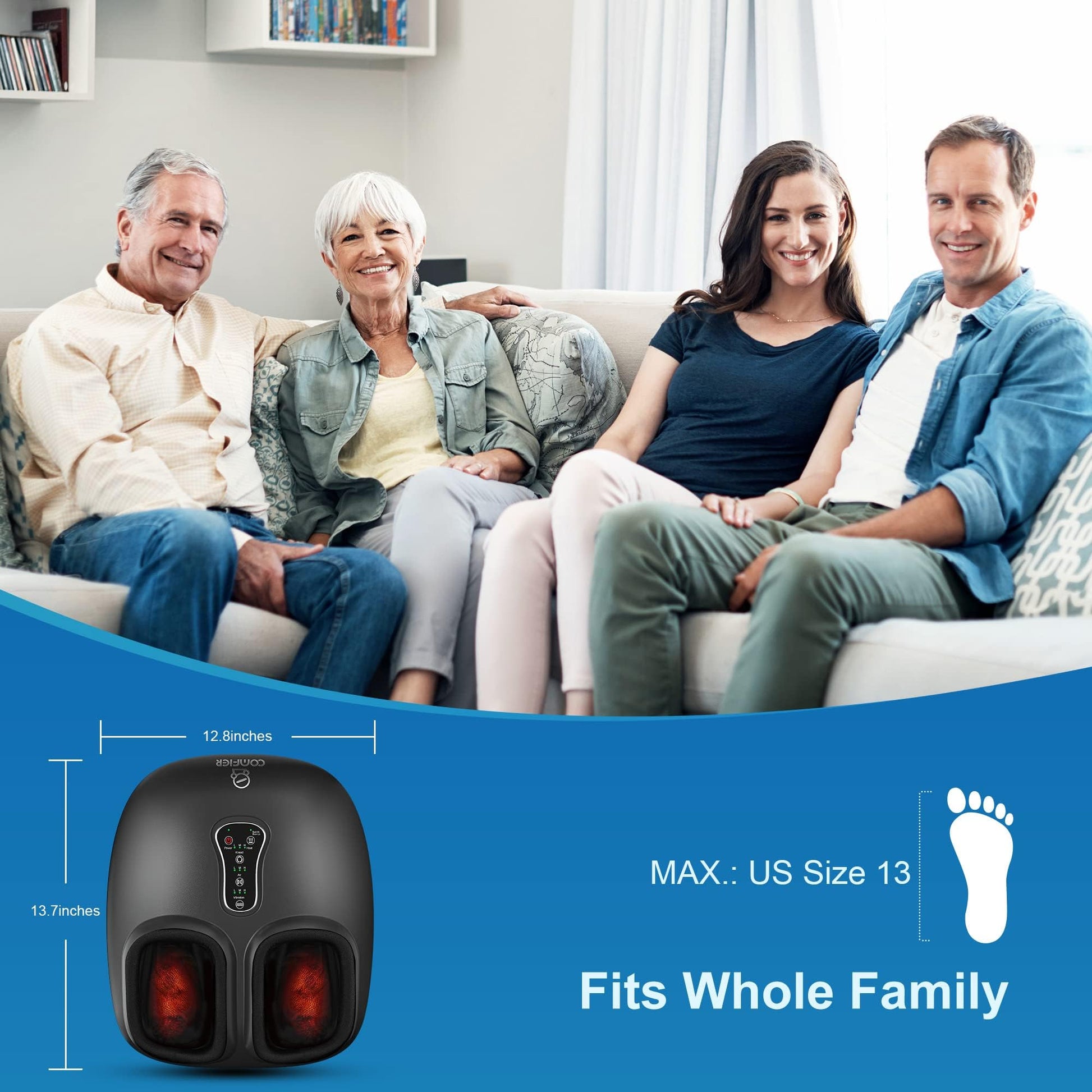 COMFIER Shiatsu masajeador de pies con calor, vibración, máquina masajeador de pies de compresión para fascitis plantar, dolor de neuropatía, regalos para ella, se adapta a tamaños de hasta 13