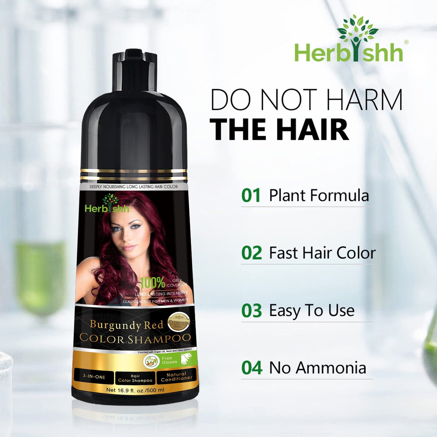 Herbishh - Champú colorante para cabello gris, champú con tinte natural para el cabello, colorea el cabello en minutos, dura hasta de 3 a 4 semanas, 500 ml, tinte de cabello 3 en 1, sin amoniaco | (Borgoña)