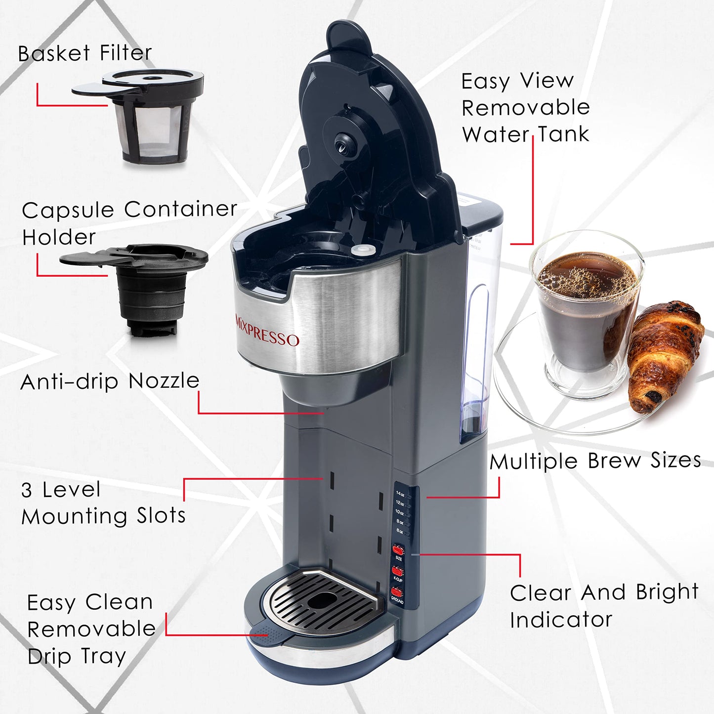 Cafetera Mixpresso Gris con Cápsulas K-Cup de Café y Café Molido, Bandeja de Goteo, 5 Tamaños de Cerveza, 30 Onzas, Taza de Viaje de hasta 14 Onzas