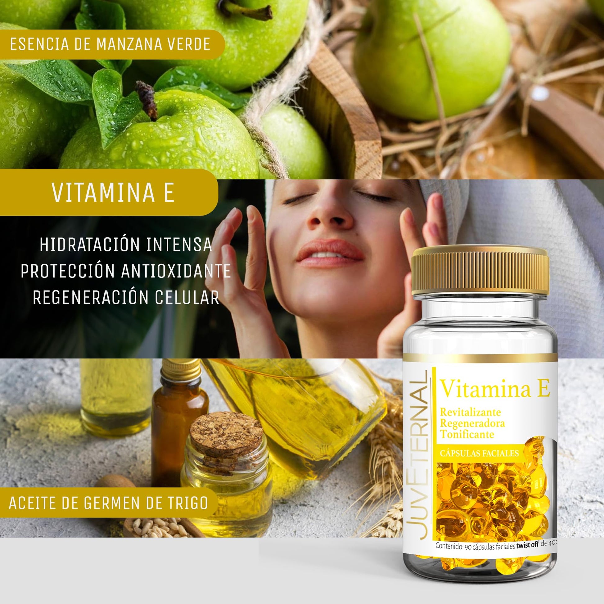 JUVETERNAL Cápsulas Faciales de Vitamina E 2x1 90 cápsulas c/u Twist-Off Antioxidantes, Hidratantes y Revitalizantes