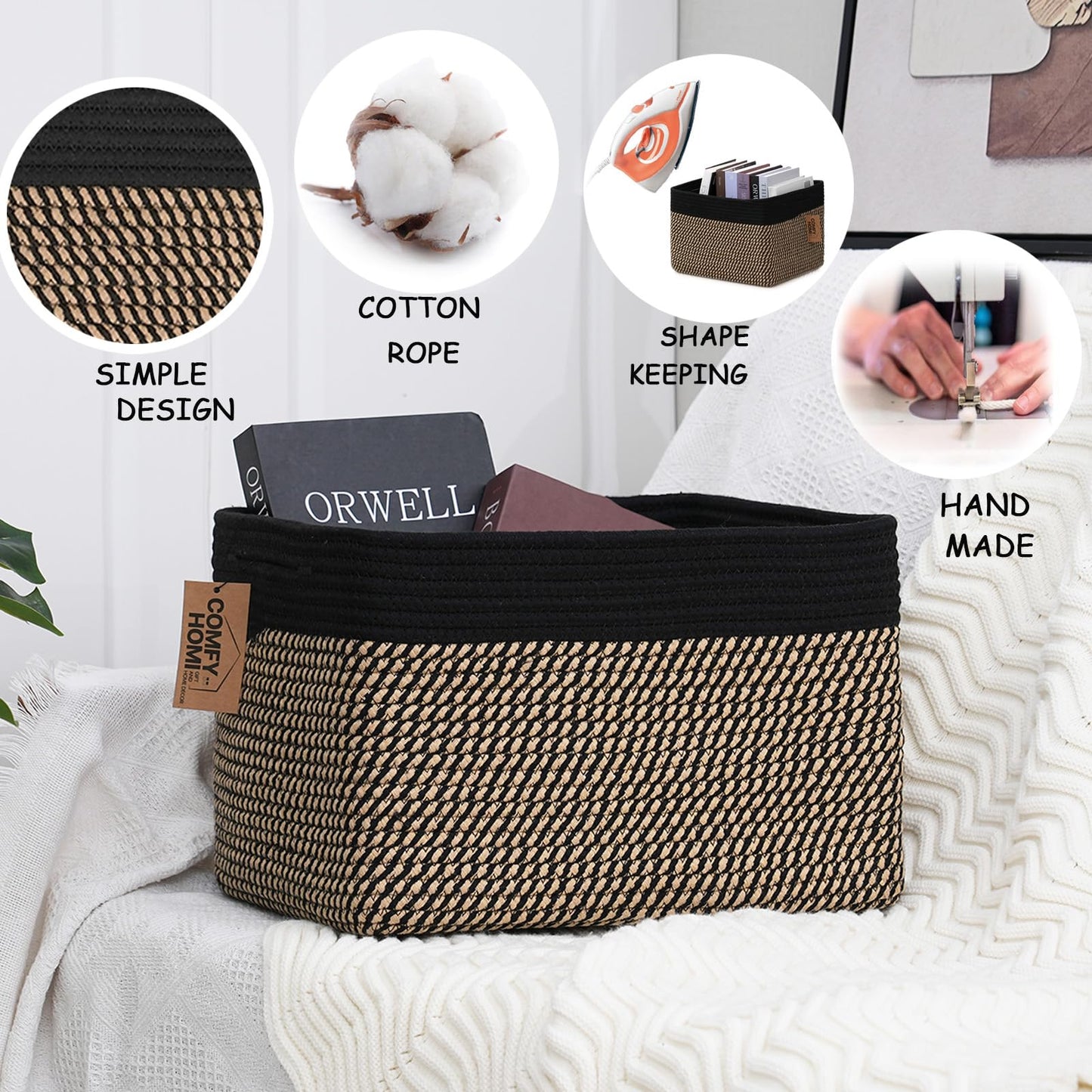 COMFY-HOMI Paquete de 3 cestas cuadradas de cuerda de algodón con asas para estantes | Recipiente para juguetes de perro y almacenamiento | Regalo para bebé | Organizador de zapatos | Nuevo de 13.5 x