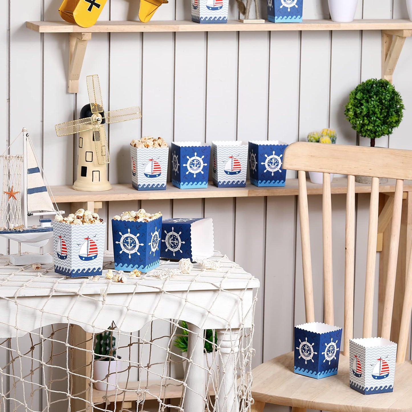 HooLing 48 cajas de palomitas de maíz marinero para crucero, decoración náutica para fiestas de palomitas de maíz, cajas de regalo de papel, ancla, océano náutico, regalos para fiestas de cumpleaños,