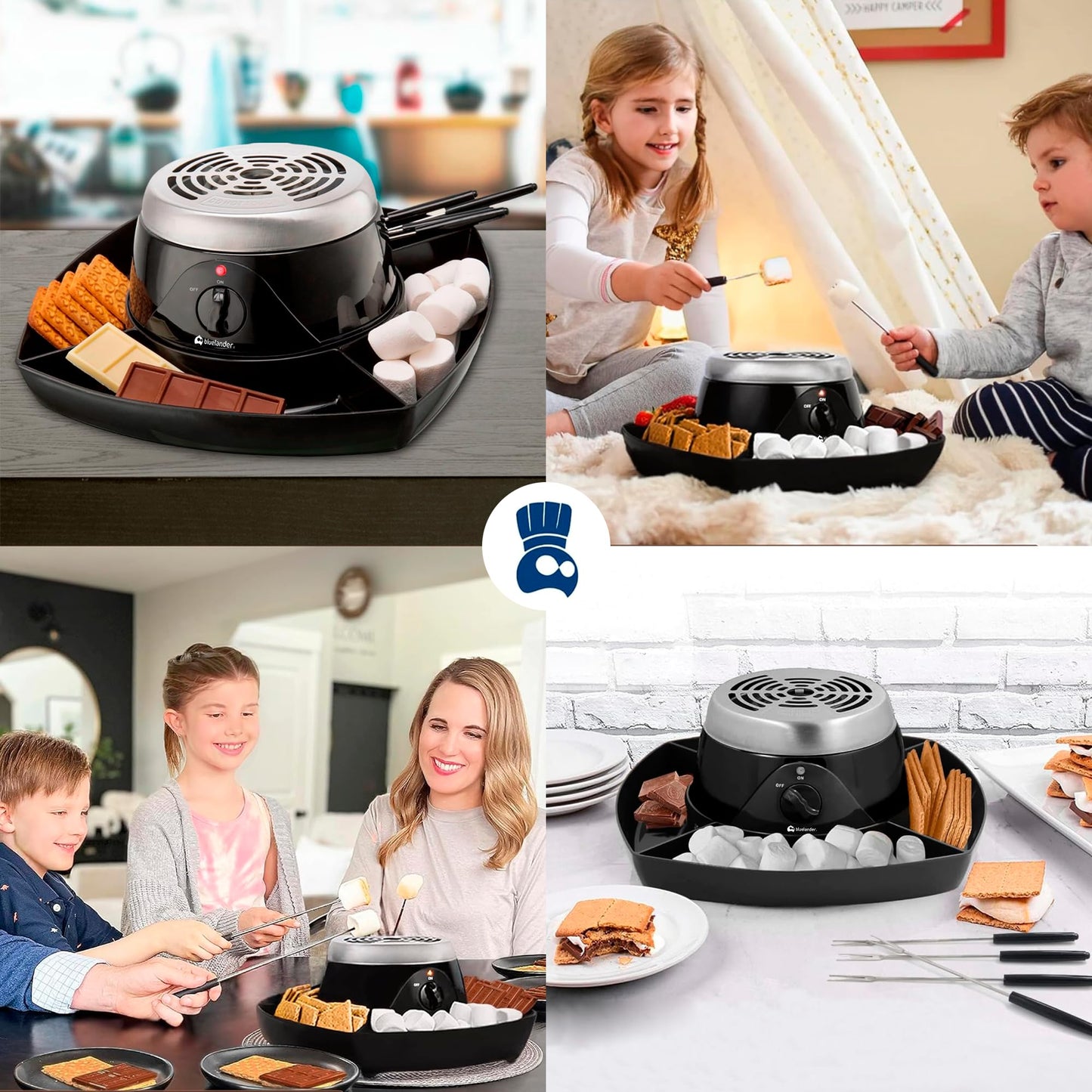 Bluelander Smores Maker, Mesa Electronica Para Interiores, Máquina Eléctronica de Acero Inoxidable, 4 Bandejas Desmontables, Cuatro Tenedores de Asado, Facil de Limpiar, Tostador de Malvaviscos