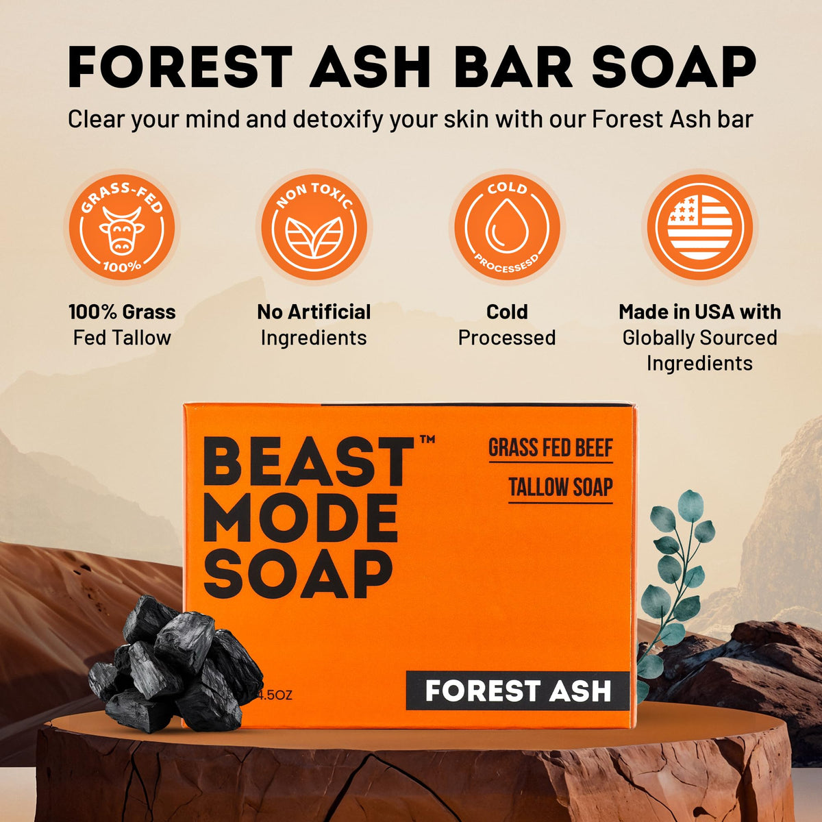 Beast Mode Soap para Hombres, Ceniza Del Bosque, Paquete de 2 Barras – Jabón en Barra de Carbón Activado Y Eucalipto Fresco, Sebo de Vacas Alimentadas con Pasto, Hecho A Mano, No Tóxico
