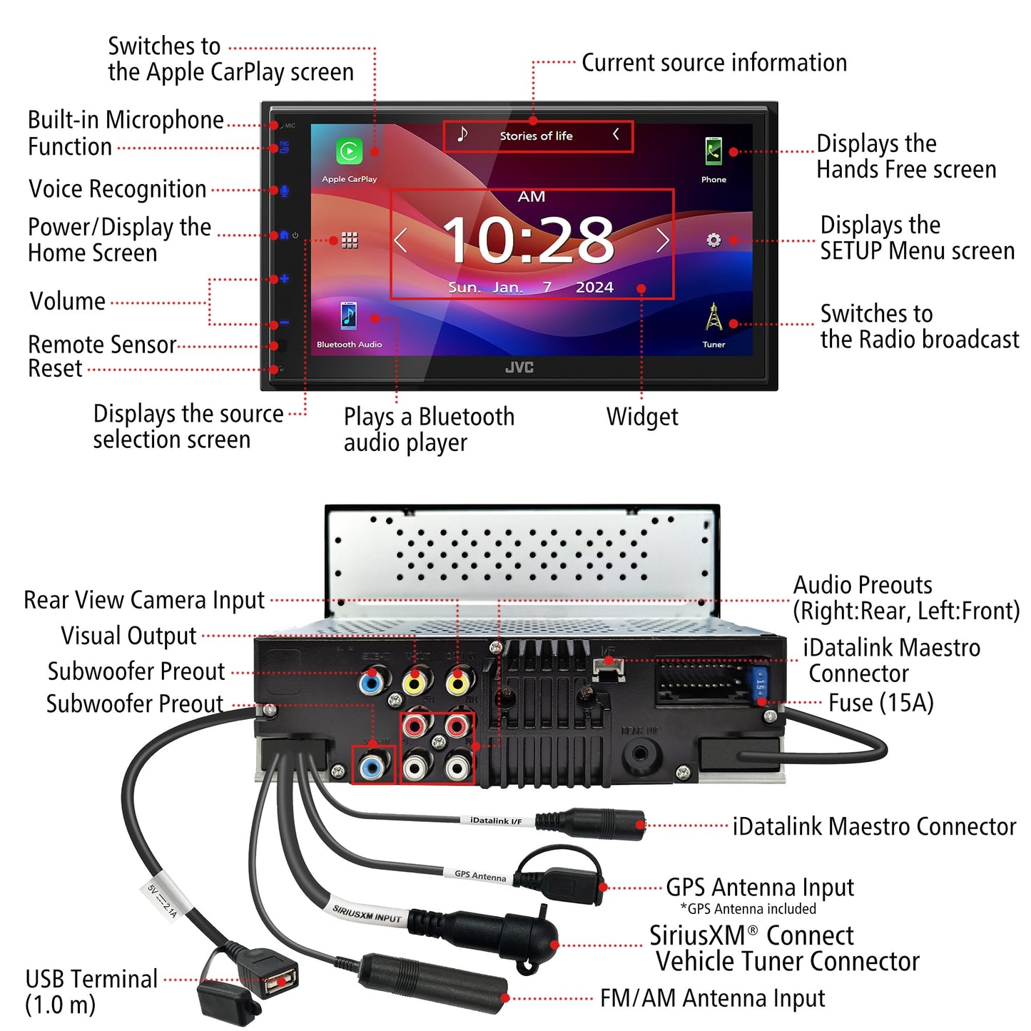 JVC KW-M595BT - Estéreo digital para coche (50 W x 6 Ch), compatible con Apple CarPlay y Android automático, unidad principal habilitada para Bluetooth con visualización LCD de 6.8 pulgadas