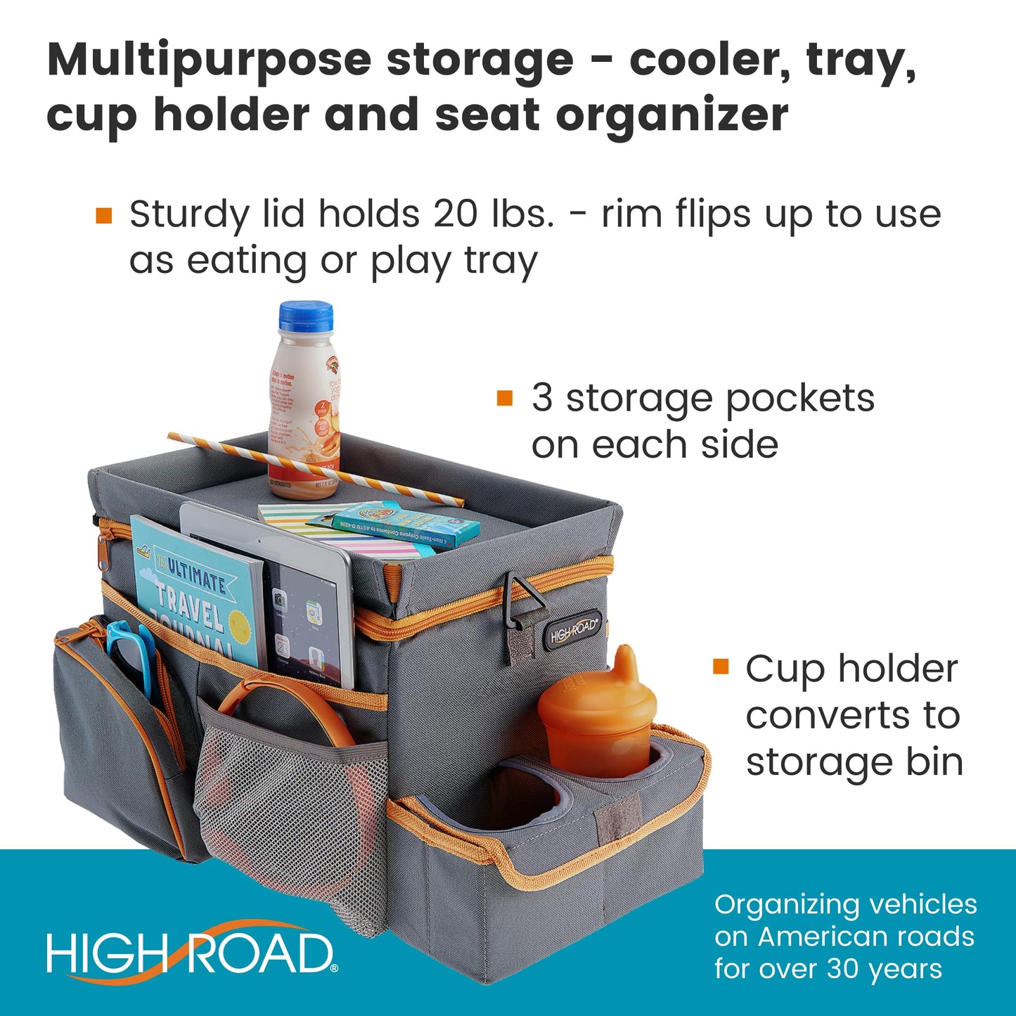 High Road CarHop Organizador de asiento de coche para niños y adultos con bandeja para portavasos y bolsillos laterales y compartimento para refrigerador (mediano, gris)