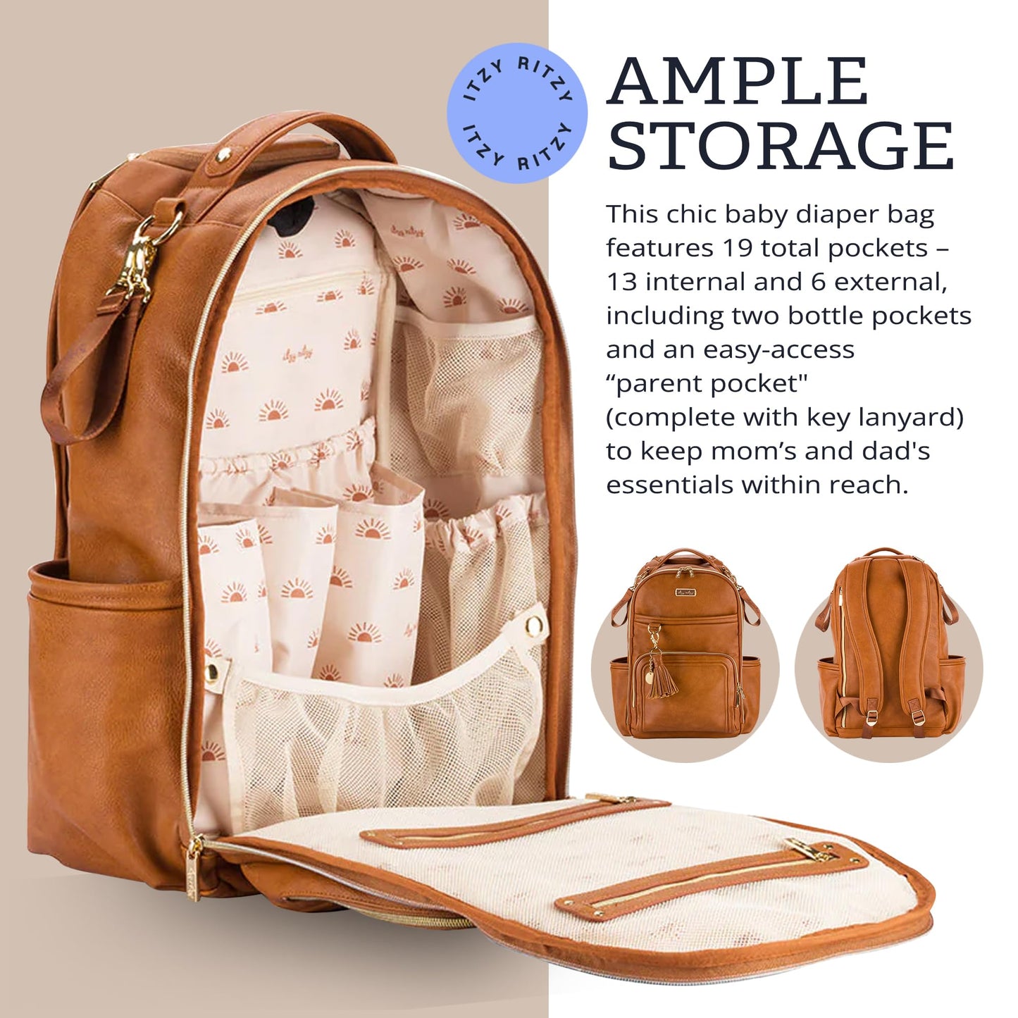 Itzy Ritzy - Mochila para pañales – Mochila de gran capacidad Boss Plus para bebé con 19 bolsillos, cambiador, clips para carriola y correas cómodas (coñac)