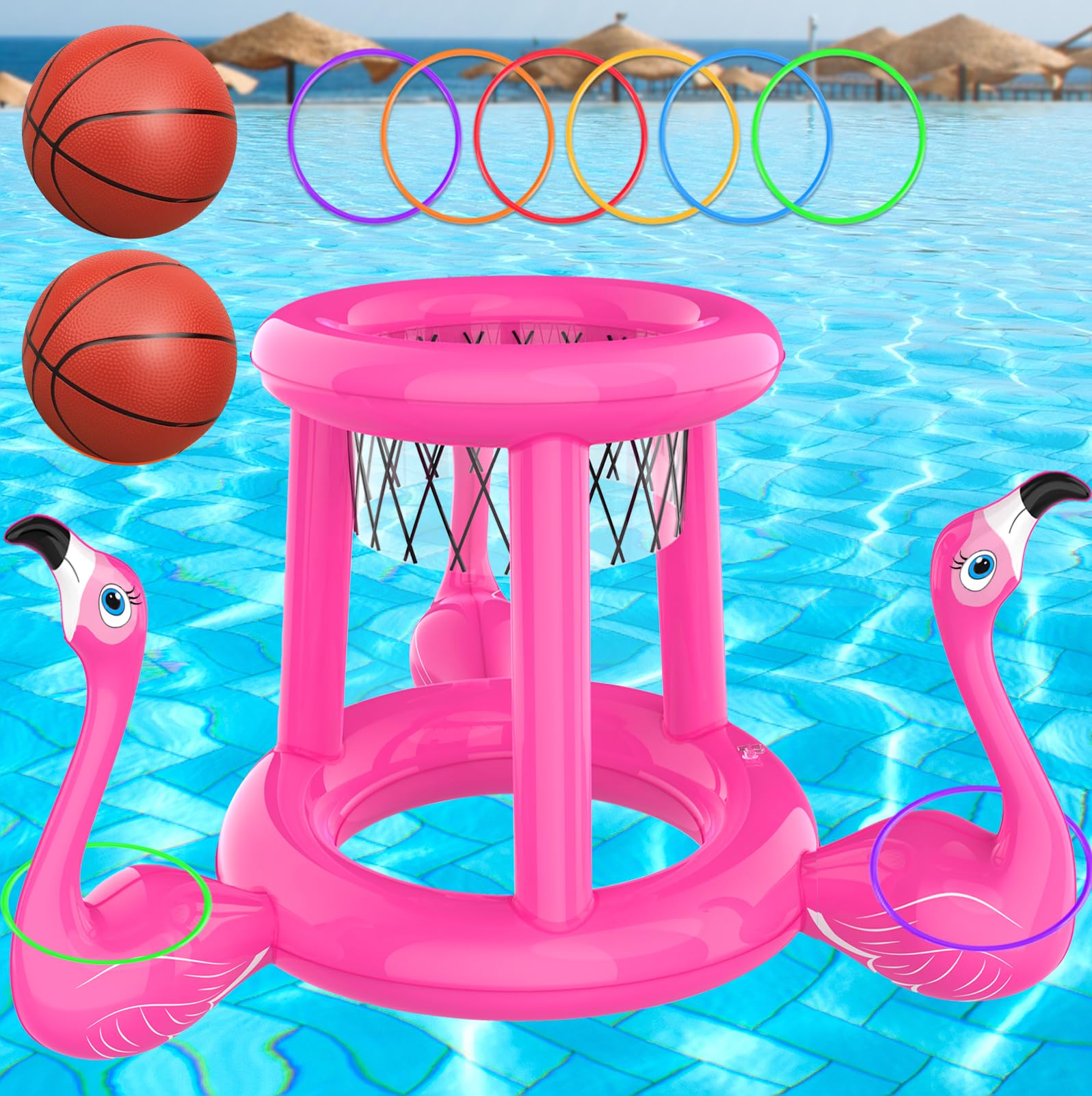 Juguetes para la piscina, flotadores de piscina, juegos de piscina para niños y adultos, aro inflable de baloncesto y juego de lanzamiento de anillo, piscina 2 en 1, juguete de agua flotante para