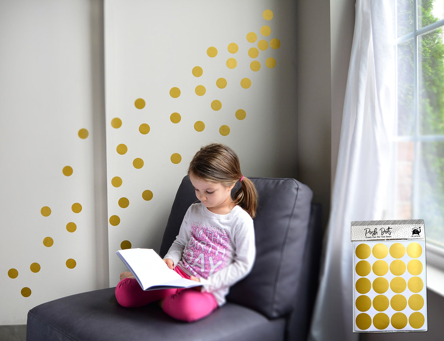 Posh Dots - Calcomanías de pared metálicas doradas para decoración festiva del bebé, guardería, habitación de los niños, linda y divertida (200 calcomanías) vinilo extraíble redondo de lunares, seguro