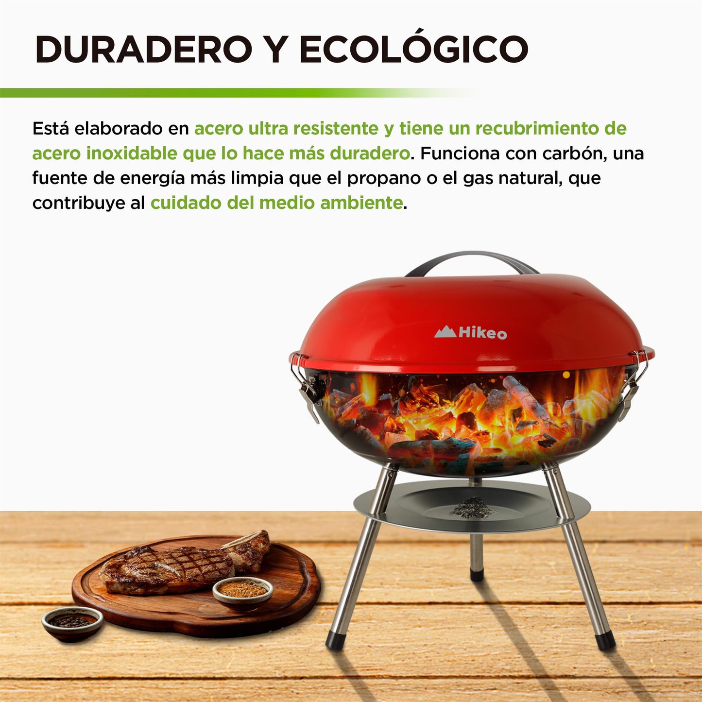 HIKEO Asador de Carbón Portátil 36 cm de Diámetro con Tapa, Parrilla para Carne Asada para Jardín, Camping, Picnic, Patio, Parrillada o Playa, Mini Grill de Acero para Exteriores, Fácil de Limpiar