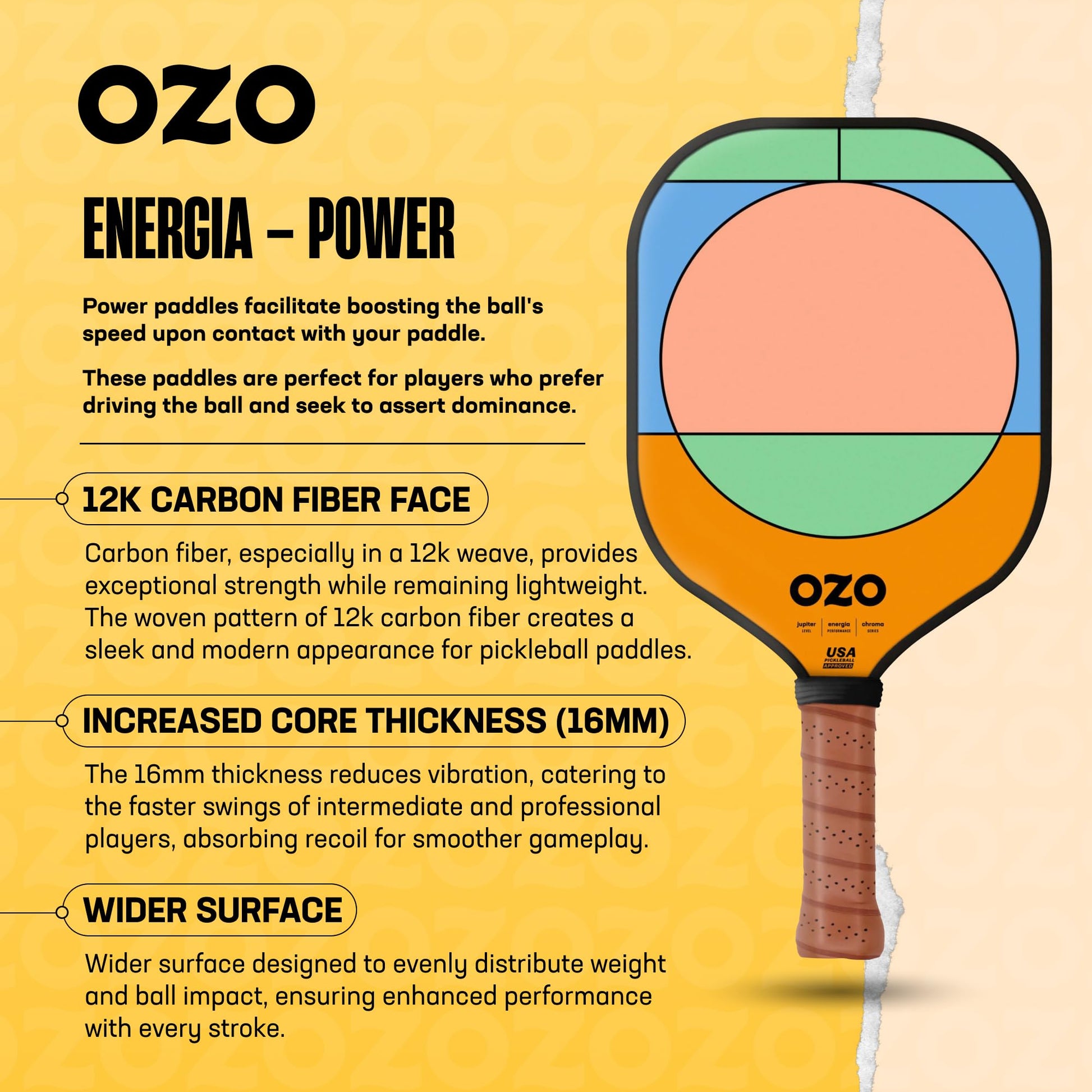 Pala de Pickleball OZO Jupiter Energia Chroma Grafito Potencia Intermedia aprobada por USAPA
