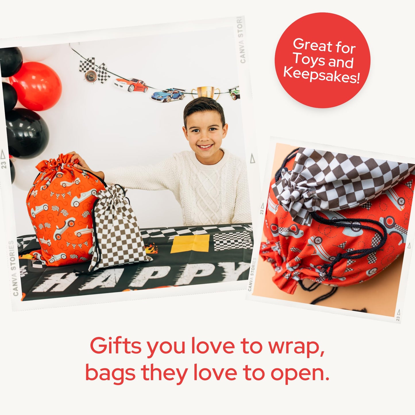 Gather & Knot - Bolsas de regalo con cordón | 20 pulgadas grandes de 12 pulgadas | Lona premium | Envoltura de tela reutilizable para cumpleaños de niño, baby shower | Decoración temática de fiesta de