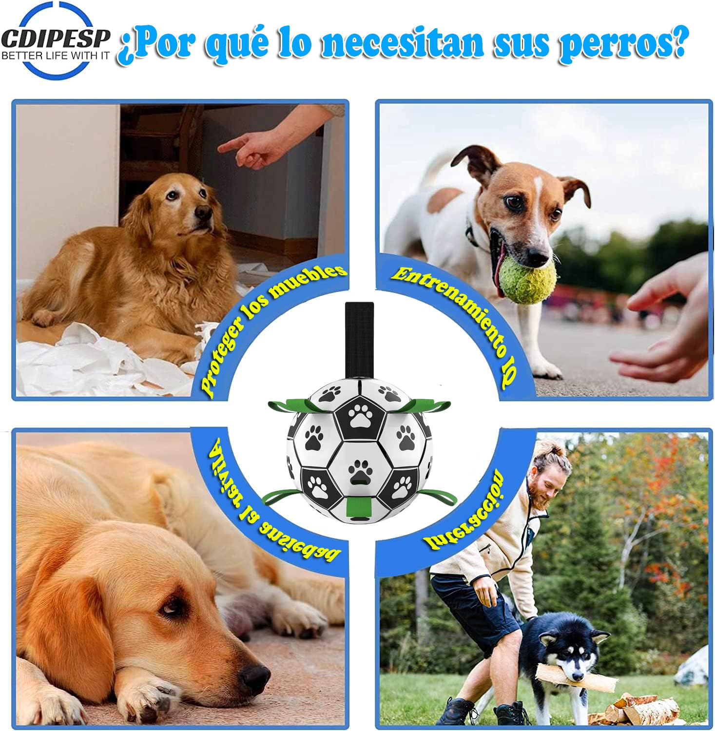 Juguete Interactivo FRANCISCO Palmas Balón de Fútbol Duradero con Pestañas de Agarre para Perros