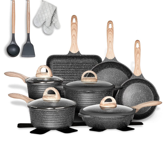 JEETEE - Juego de ollas y sartenes antiadherentes, 20 piezas, juego de utensilios de cocina con revestimiento de granito, compatible con sartén, cacerola, sartén, asador, ollas de cocina, sin PFOA (gris, juego de 20 utensilios de cocina)
