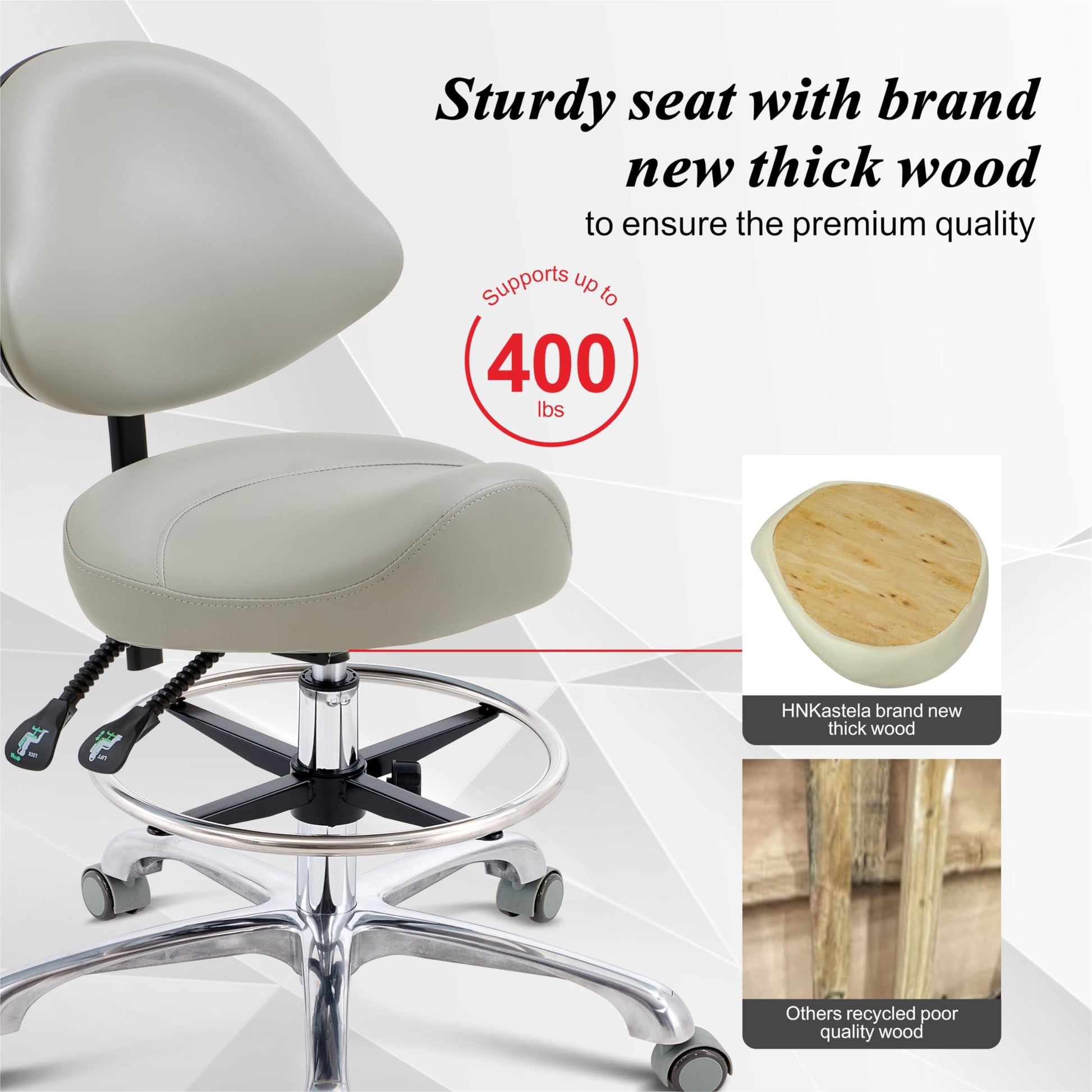 HNKastela Taburete ergonómico con Soporte Trasero, Taburete de Altura Ajustable con Ruedas, para salón de Masaje, Cocina médica (con Respaldo, Gris Claro)