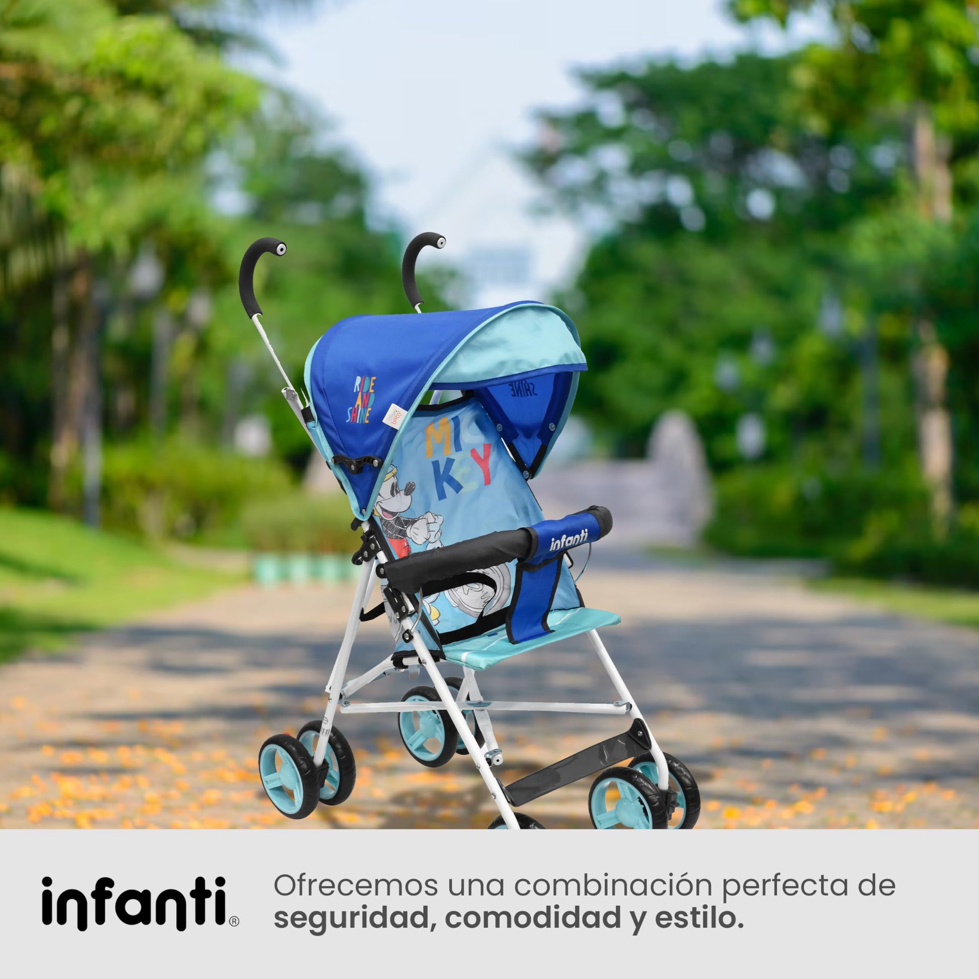 Infanti | Carriola para Bebe de Baston - Mickey Mouse | Carreola con Portabebé - Carriola de Viaje | Cosas para Bebes 6 Meses hasta 16 kg - Compacta y Plegable | Carriola de Baston Ligera con Correa