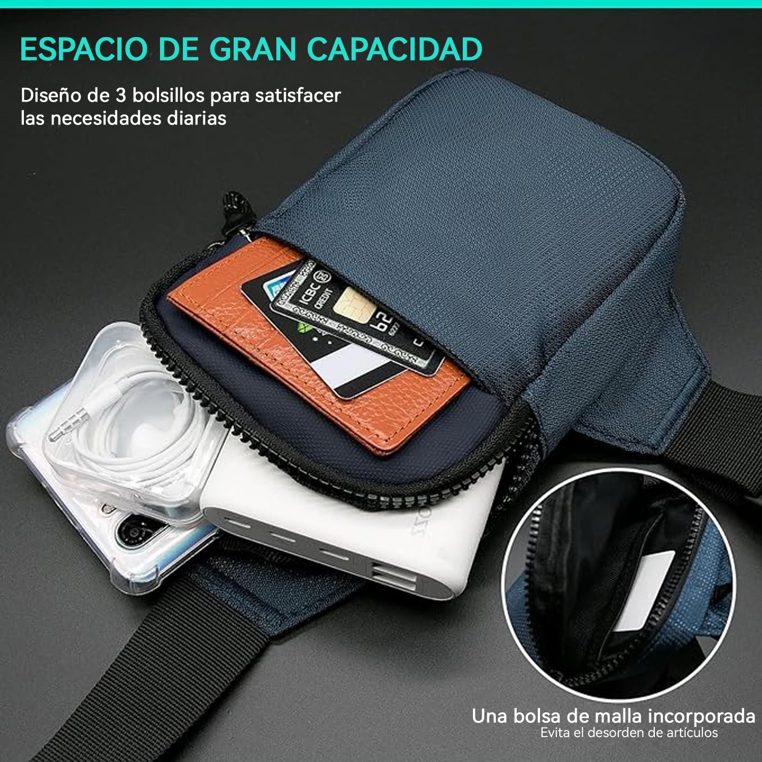 CXJYSD Mini Bolso Cruzado En El Pecho,Para Hombre Y Mujer Con Bolsillos Dobles,Riñonera Impermeable Con Manos Libres,Adecuado Para Deportes Al Aire Libre,Correr Y Viajar (Azul marino-01)