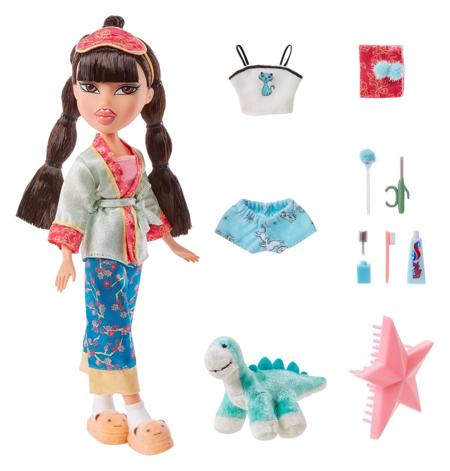 Bratz Fiesta de Pijamas - Muñeca de Moda Jade - con 2 Conjuntos de Pijamas, Animal de Peluche y Accesorios - Apta para Niños y Coleccionistas