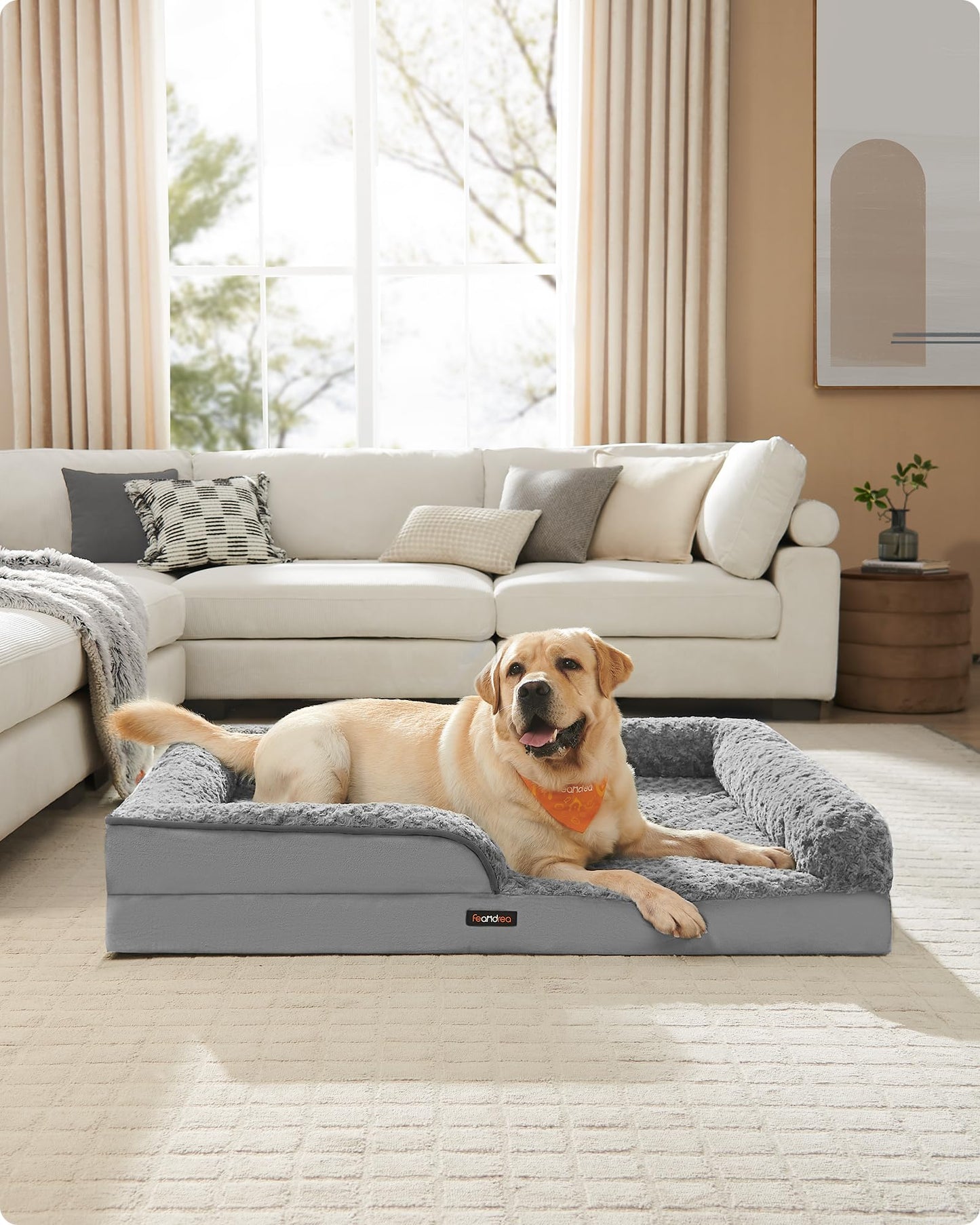 Feandrea Cama para Perros, Cama para Mascotas, 91 x 68 x 16 cm, Ortopédica con Espuma Corrugada, Funda Extraíble con Motivo Rosa de Peluche, Bordes Elevados Acolchados, Gris Paloma MPGW252G01