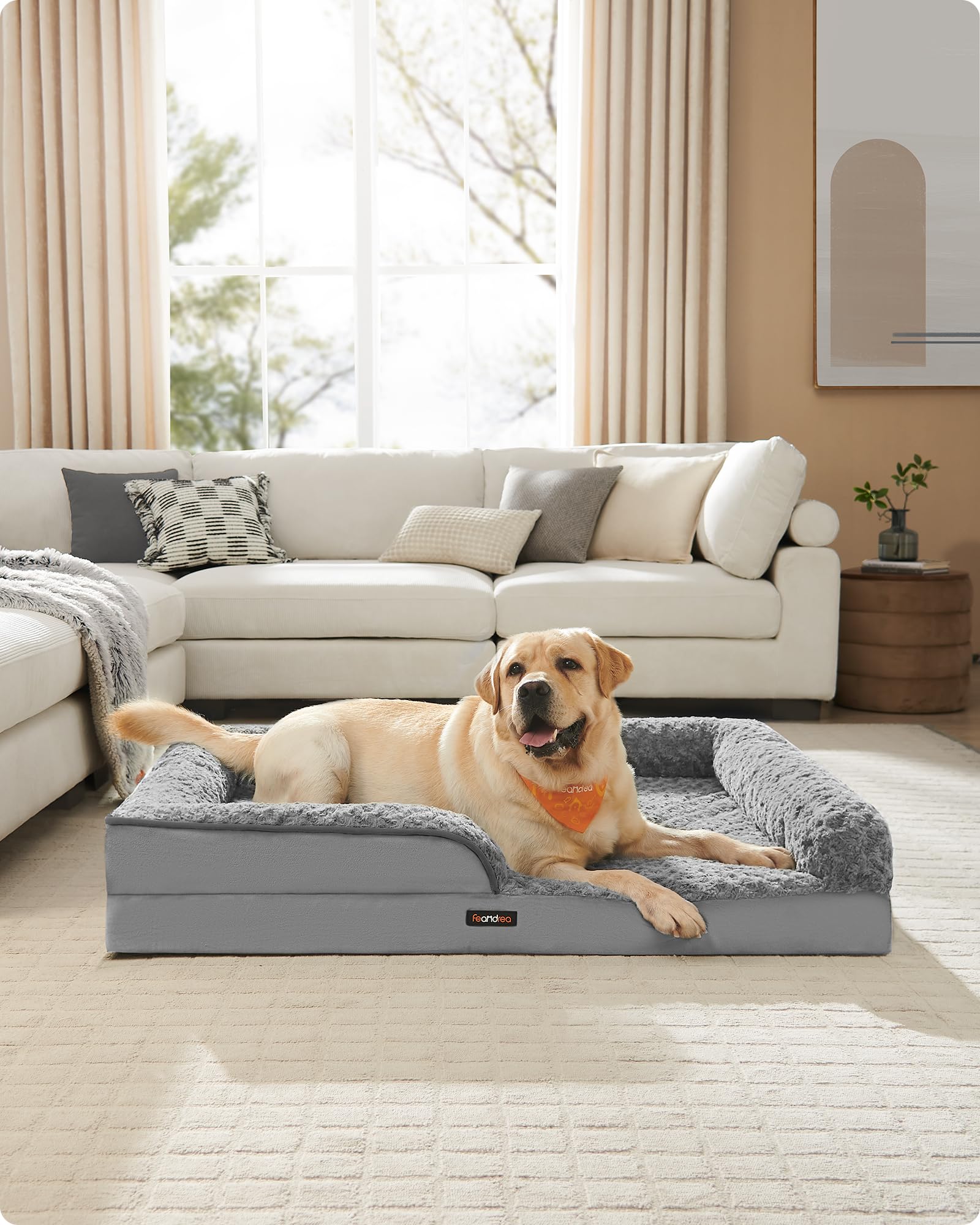 Feandrea Cama para Perros, Cama para Mascotas, 91 x 68 x 16 cm, Ortopédica con Espuma Corrugada, Funda Extraíble con Motivo Rosa de Peluche, Bordes Elevados Acolchados, Gris Paloma MPGW252G01