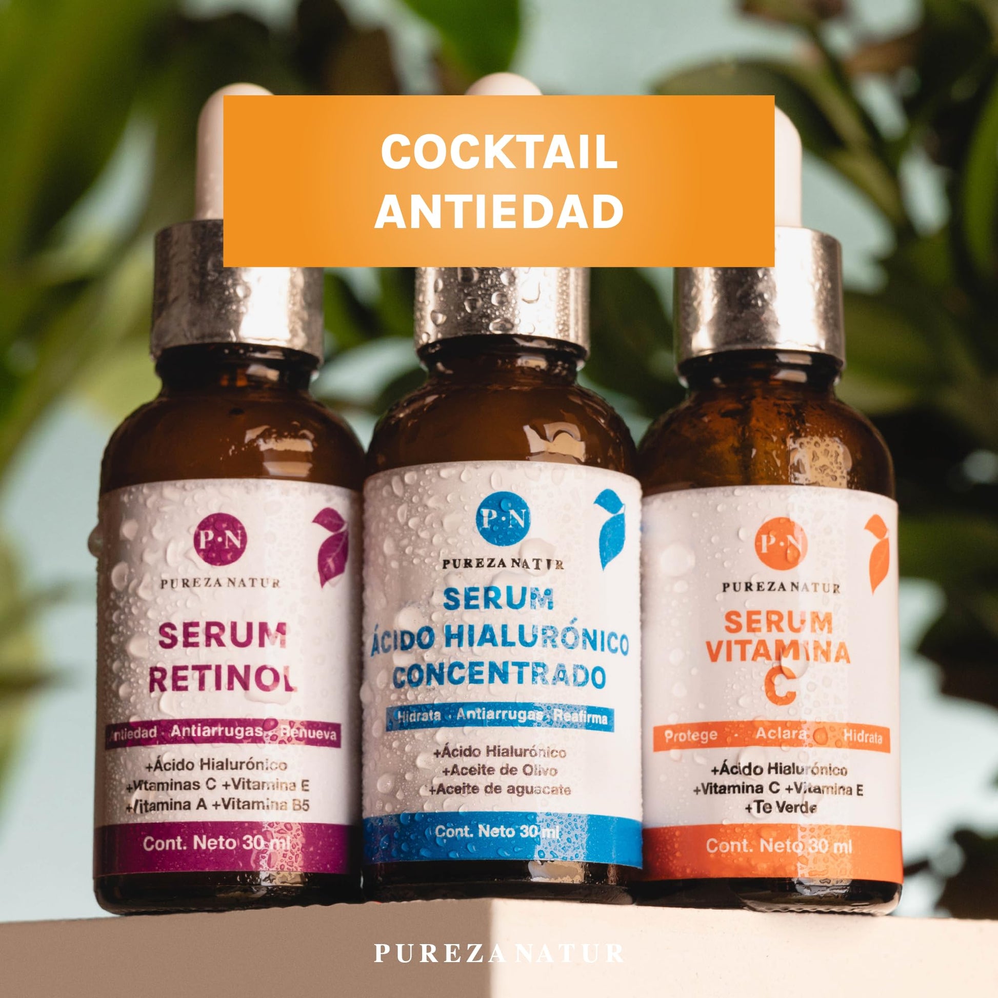 PUREZA NATUR Kit Serum facial Acido Hialurónico, Vitamina C y Retinol anti edad | Paquete completo de serum para el cuidado de la piel, hidratación y rejuvenecimiento (Kit AH + Retinol + Vit C)