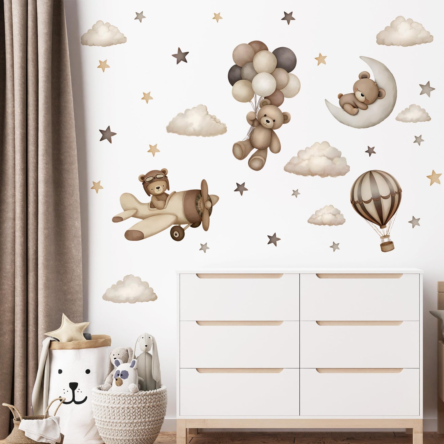 Calcomanías de pared de oso de peluche, diseño de oso de dibujos animados, globos de aire, estrella, luna, decoración de pared para habitación de niños, niñas y niños, habitación de bebé, decoración