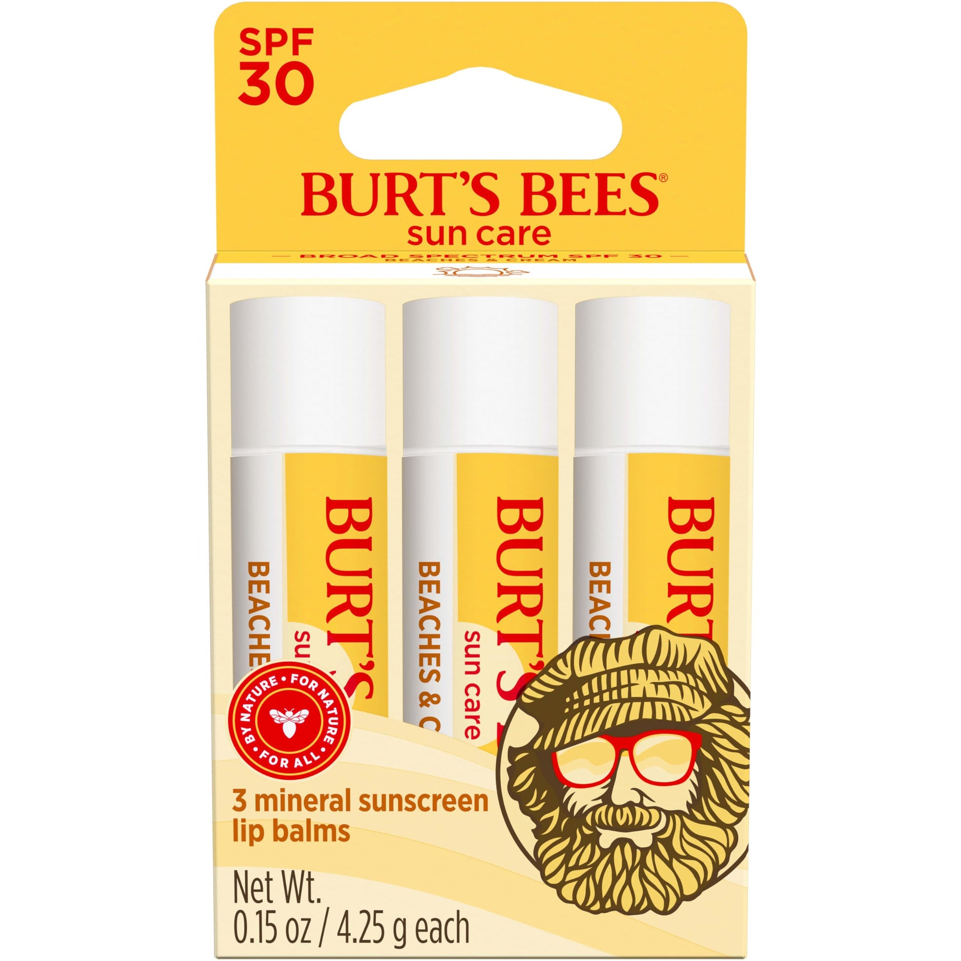 Burt's Bees Beaches and Cream Sun Care SPF 30 Lip Balm, Water-Resistant Lip Moisturizer, Nano-Free Zinc Oxide Formula, Natural Conditioning Lip Treatment, 3 Tubes, 0.15 oz