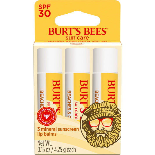 Burt's Bees Beaches and Cream Sun Care SPF 30 Lip Balm, Water-Resistant Lip Moisturizer, Nano-Free Zinc Oxide Formula, Natural Conditioning Lip Treatment, 3 Tubes, 0.15 oz