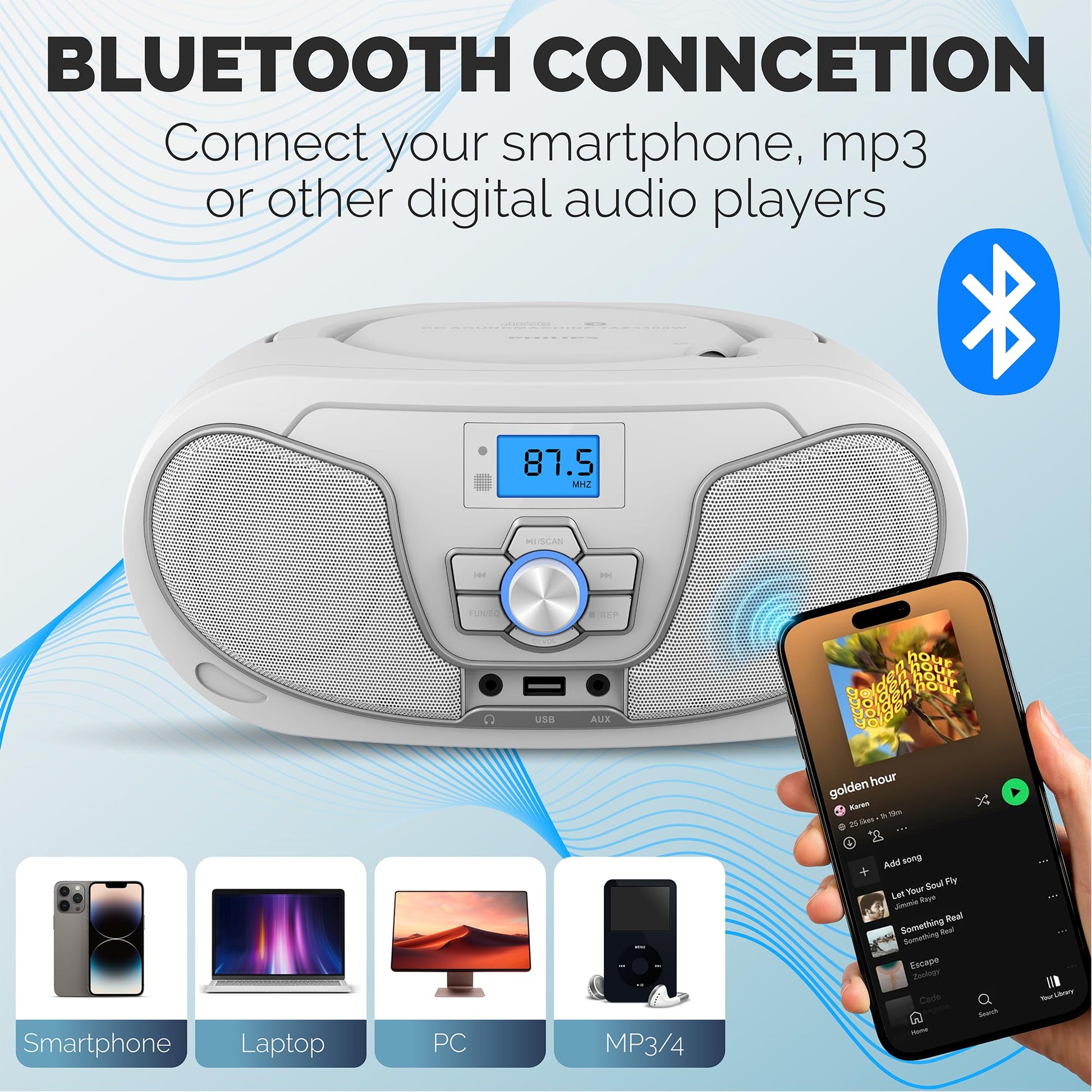 Philips Reproductor de CD Boombox, Aumento de graves dinámico con Bluetooth, Radio FM, Reproducción USB y entrada AUX, Boombox portátil de carga superior, Estéreo claro, Compatible con RW/MP3 (Blanco)
