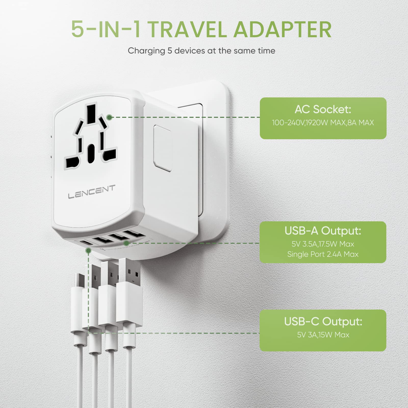 LENCENT Adaptador Universal de Viaje, 17.5W Adaptador de Corriente Europeo con 4 Puertos USB (1 UBS C), Travel Essentials para el Reino Unido, Europa, Americano, Argentina, Australia, Blanco