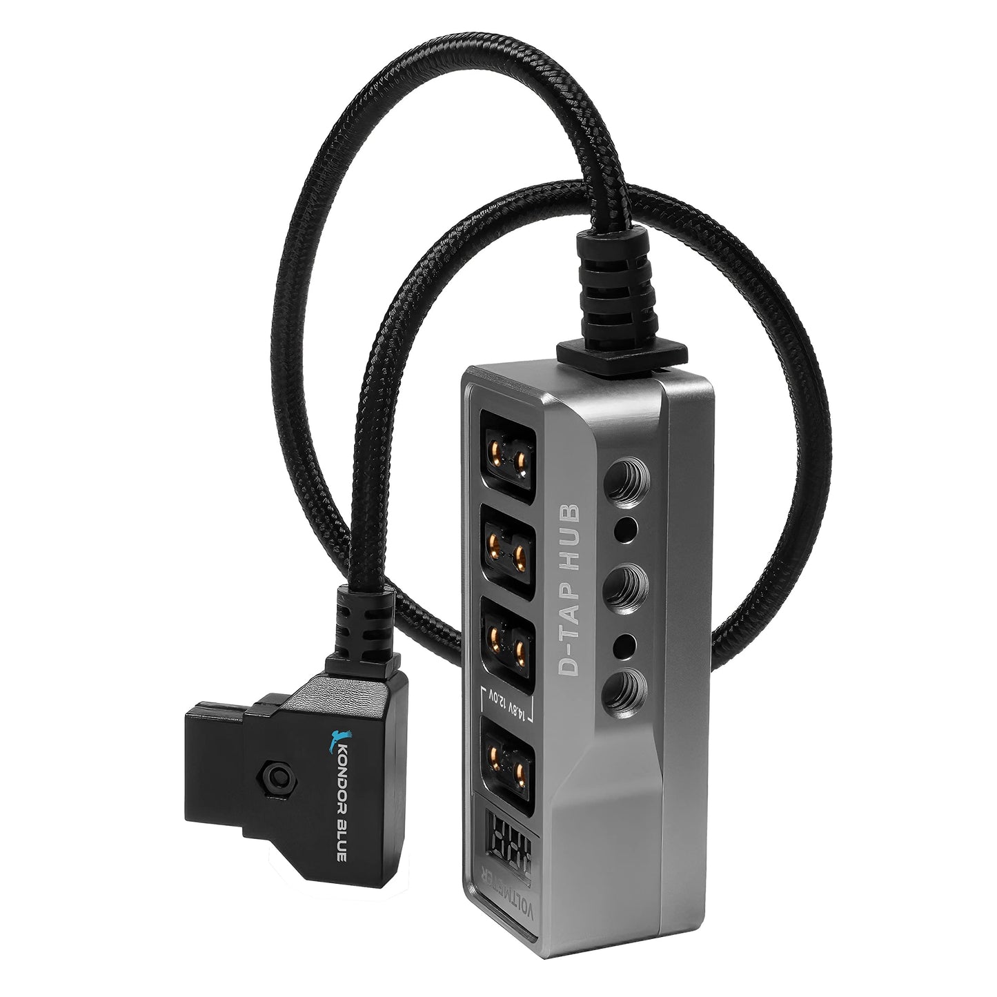 KONDOR BLUE | Divisor de concentrador de alimentación D-Tap de 12 V con voltímetro, 4 vías, roscas de 1/4-20, puntos de localización antirtorsión, montaje de múltiples agujeros, distribución de