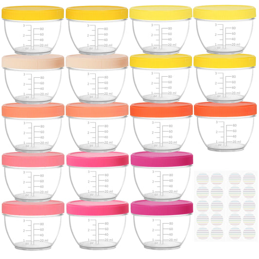 Youngever 18 juegos de almacenamiento de alimentos para bebés, 4 oz contenedores de alimentos para bebés con tapas, 9 colores rosa brillante, con etiquetas de tapas