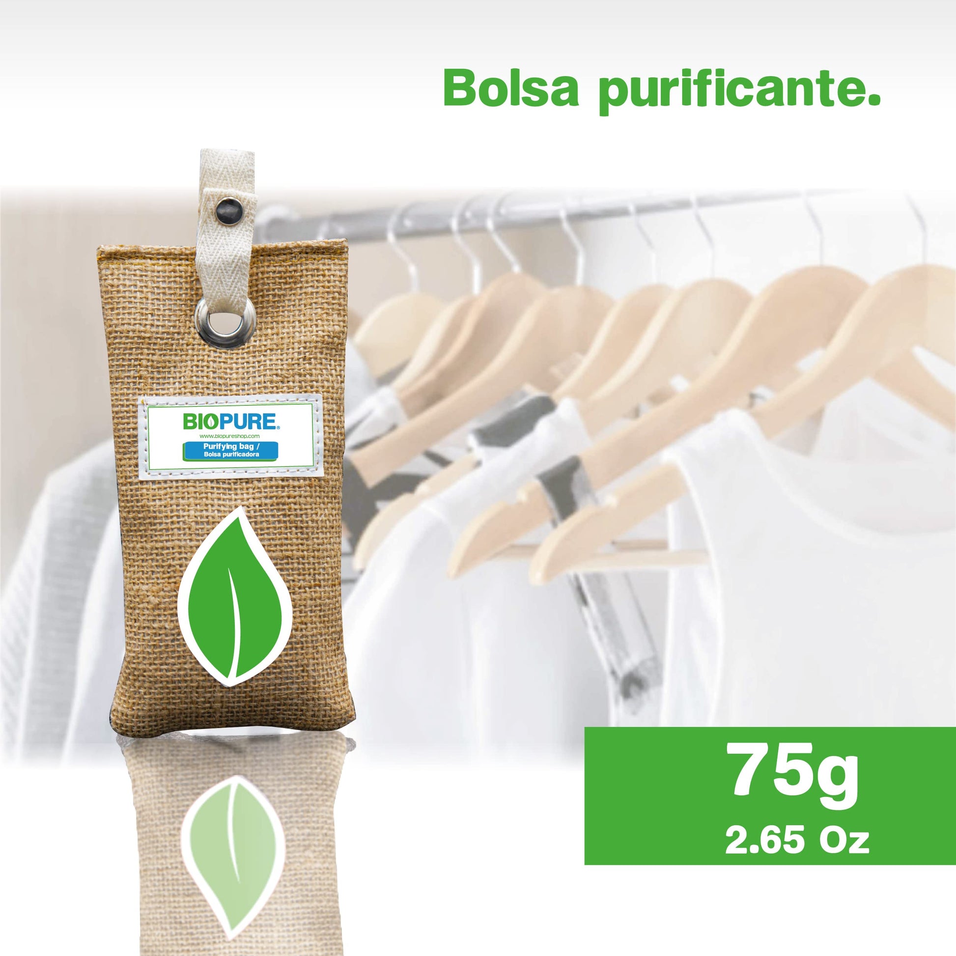 Biopure - Kit bolsas purificadoras - Carbón activado 100% biodegradable - Coco - Yute - Remueve malos olores, humedad, moho y alérgenos - Hecho en México - (225 gr)