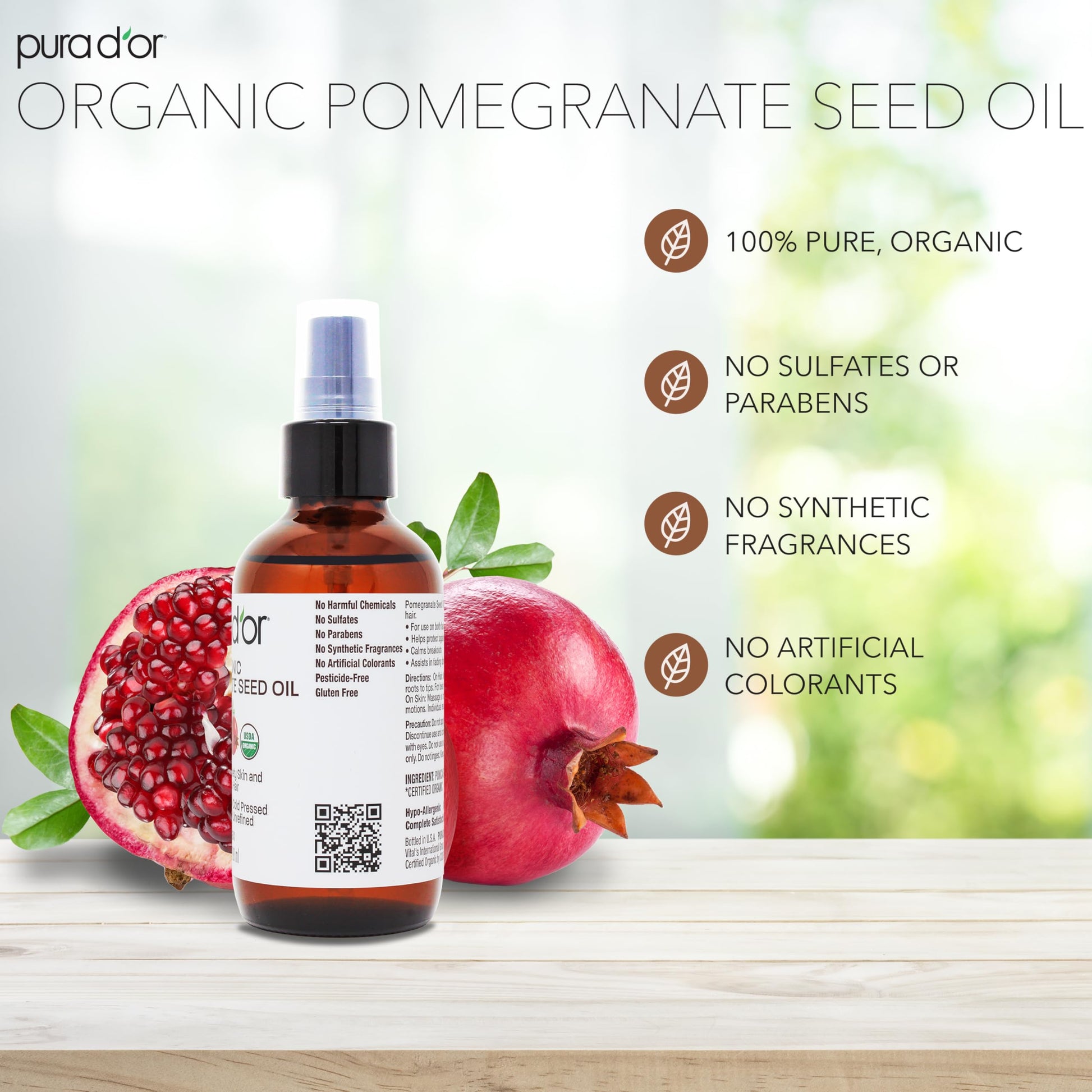PURA D'OR Óleo de romã orgânico de 118 ml – Óleo de romã prensado a frio 100% puro certificado pela USDA – Óleo corporal orgânico para cabelo, rosto e pele – Hidratante capilar puro óleo de limpeza – Óleo de cicatriz
