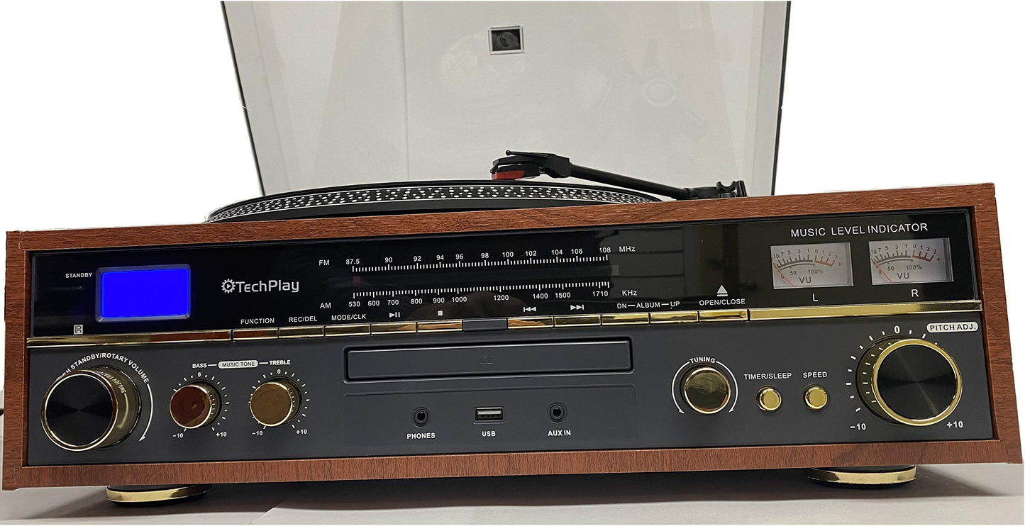 TechPlay Commander, tocadiscos de 3 velocidades con control de tono, reproductor de CD, amplificador con medidor VU, Bluetooth y grabación USB... (madera)