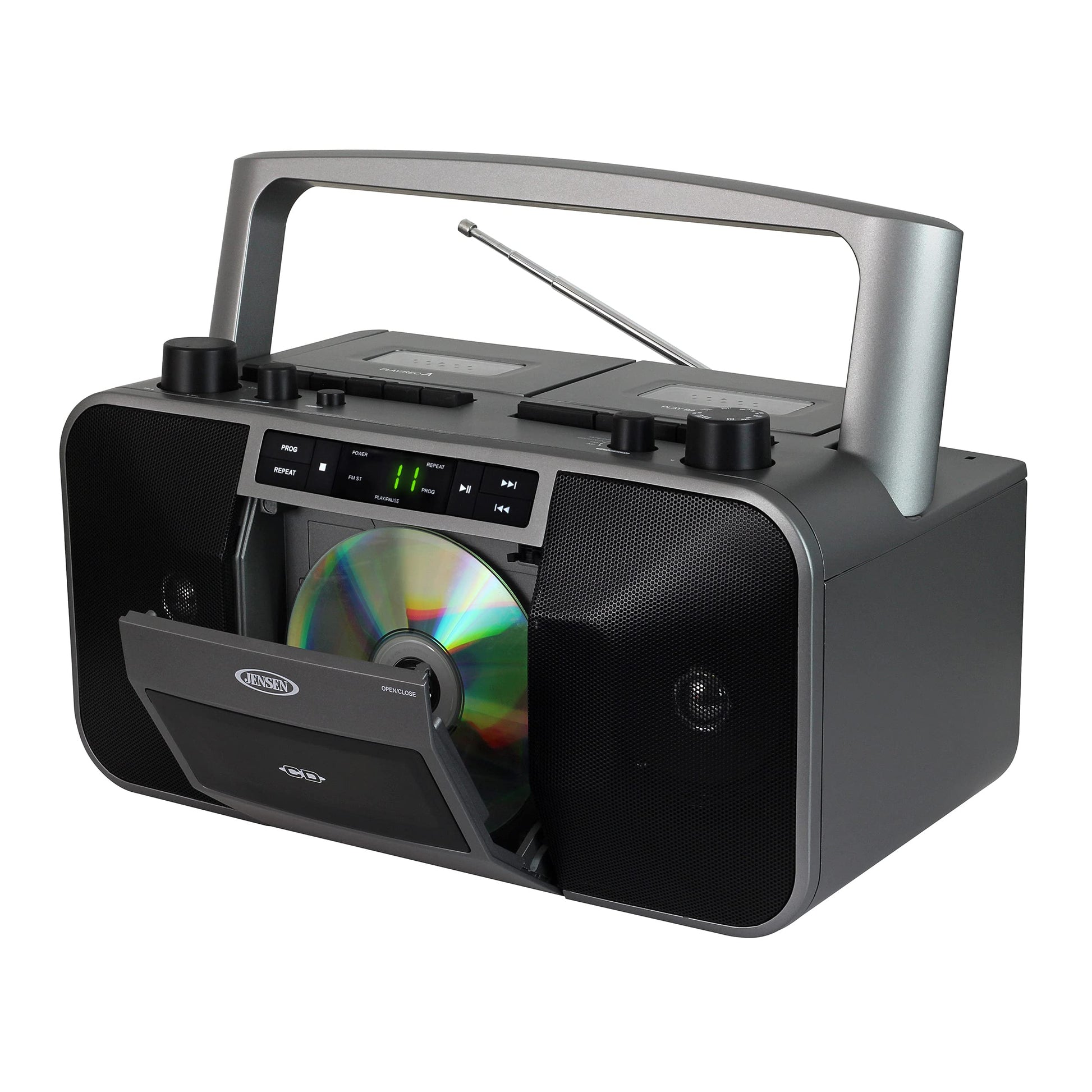 Jensen MCR-1500 Reproductor de CD y Casetes Portátil con Radio AM/FM, Estéreo, Gris, Compatible con CD y MP3, Conectividad Auxiliar y Auricular