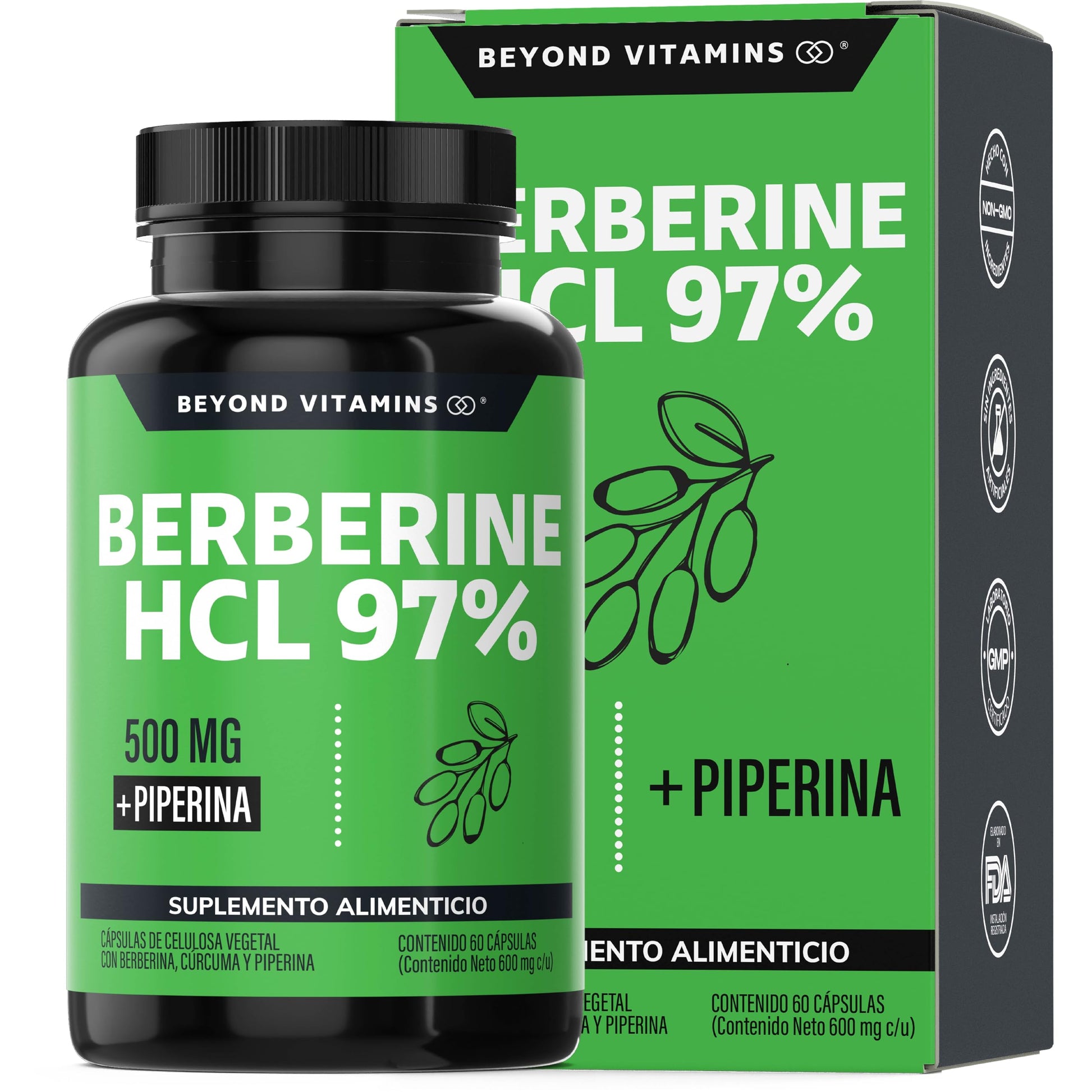 Berberina HCL 97% | 500mg de Berberina Clorhidrato, potenciado con Piperina al 97% y Cúrcuma | Berberine 60 cápsulas