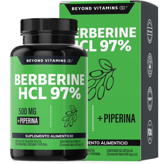 Berberina HCL 97% | 500mg de Berberina Clorhidrato, potenciado con Piperina al 97% y Cúrcuma | Berberine 60 cápsulas